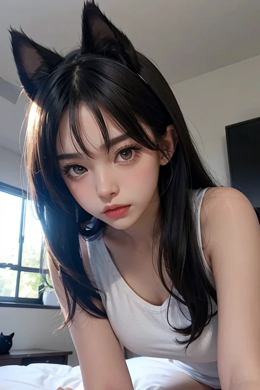 １People Girls、Shoulders out、Large white simple T-shirt、Looking down at the viewer、Black Hair、Small black cat ears、Leaning over the viewer on the bed、On all fours、White shorts、Raised eyebrows、I can see the ceiling、Large Breasts、(Angry:1.1)、(Lips are pointed.:1.1)、Blushing、Brown eyes、Long Hair、whole body、(Touching the viewer&#39;s cheek with both hands:1.3)、MORNING RIGHT,　Looking straight at the viewer