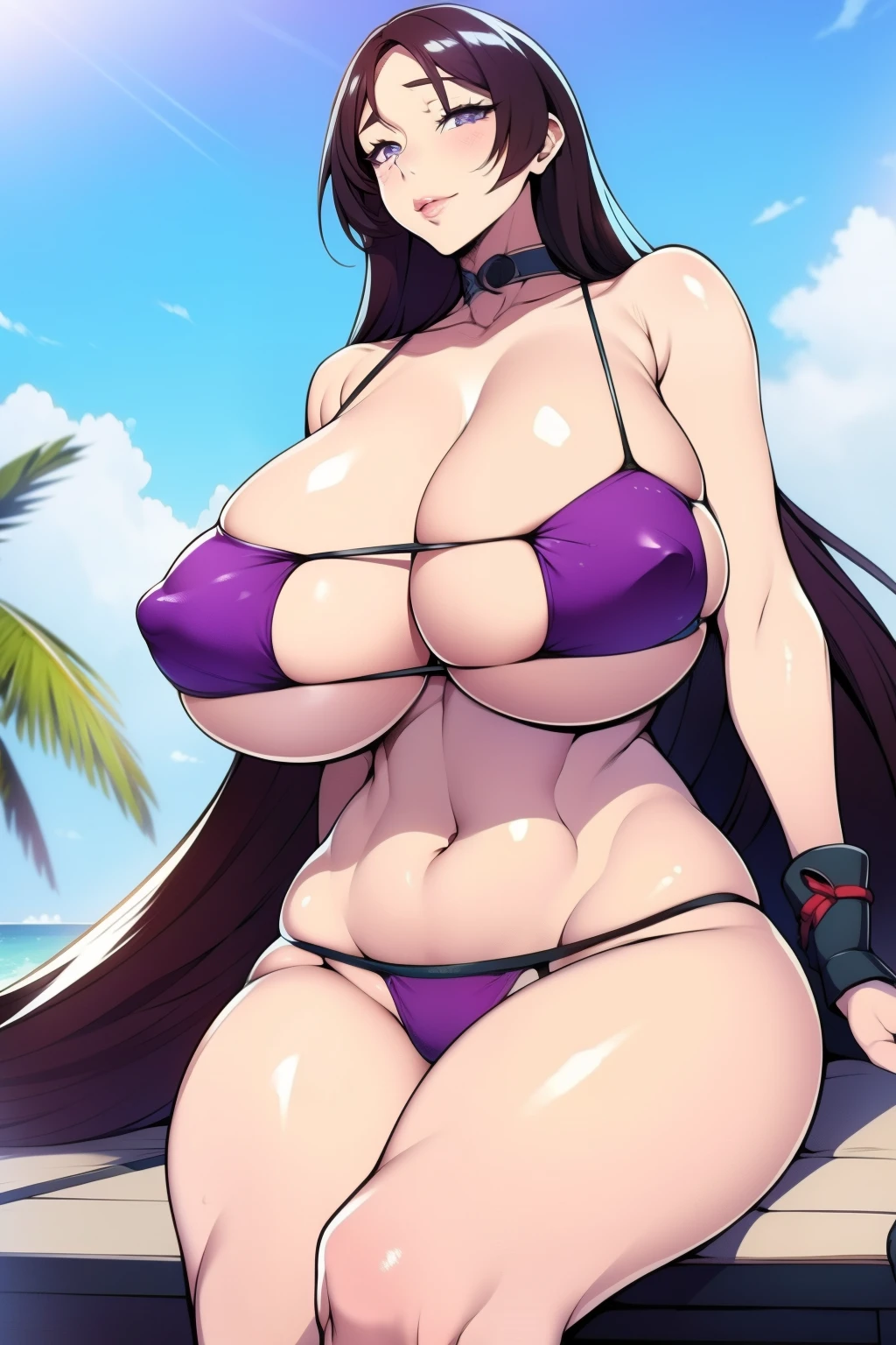 An anime-style artwork depicting minamoto no raikou from the game fate.

Tags: hmmr1,  anime, detailed eyes, detailed lips, ass, (purplish blue hair), purple eyes, bare shoulders, (micro bikini : 1.4), cleavage, skin tight, long hair, solo, huge breasts, smiling expression, intense gaze, dynamic pose,  outdoor, pool, (lying on sun lounger), vibrant colors, digital art, high-resolution, professional quality, gigantic breasts,  curvy, cowboy shot, (gigantic breasts: 1.4)