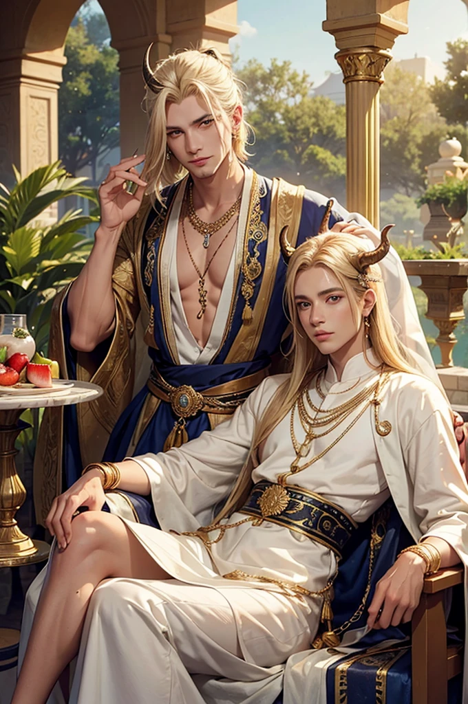 man, light blond hair, tanned skin, golden eyes, jewelry, oriental clothing, desert, oriental palace, greenery, beautiful garden, beautiful arab palace, marble, decorated marble wall, cushion, fruit, handsome man, long thin horn, pointed ear, demon tail, light smile, sitting, ultra quality, detailed face, detailed color, detailed hair, light, muscle.