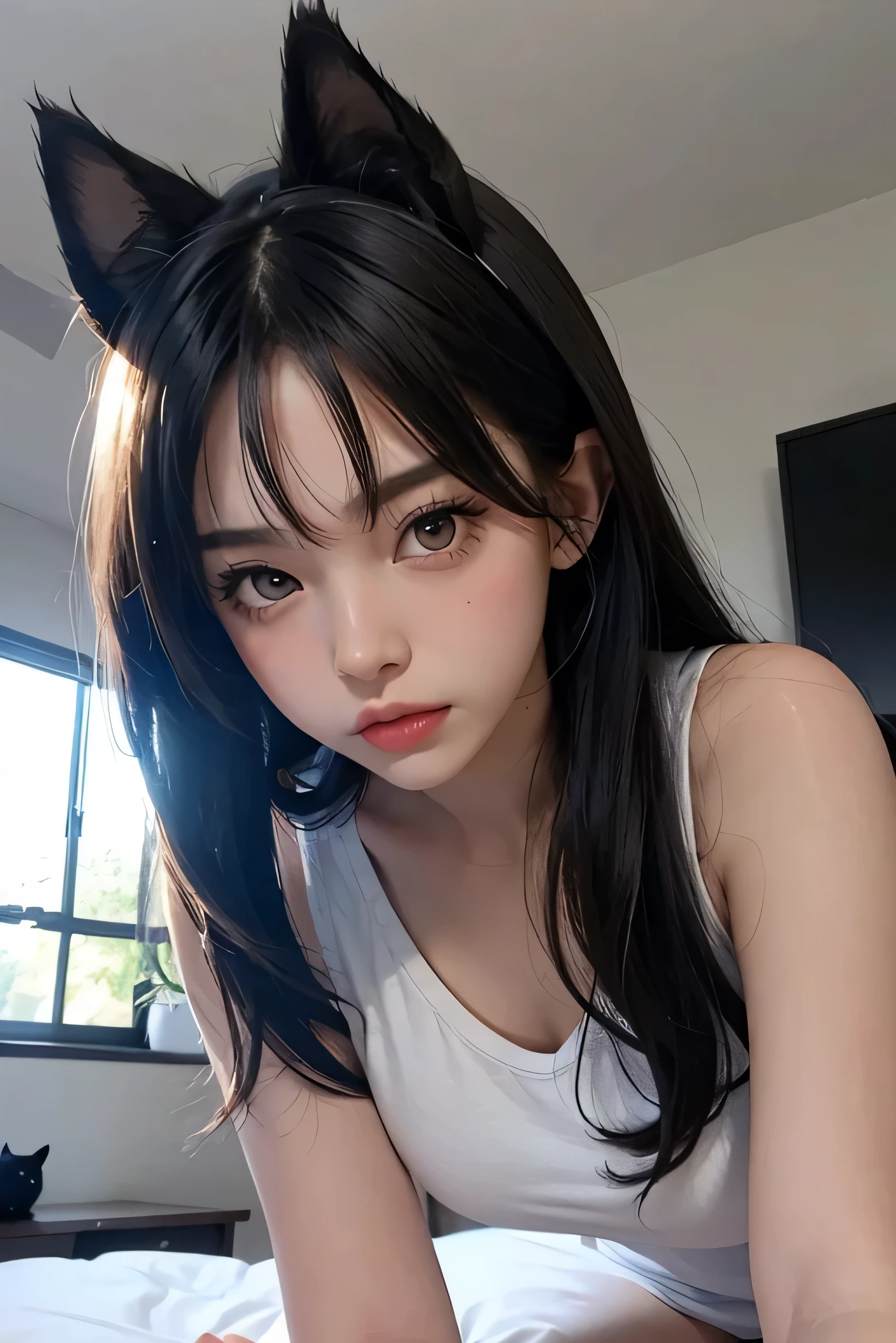 １People Girls、Shoulders out、Large white simple T-shirt、Looking down at the viewer、Black Hair、Small black cat ears、Leaning over the viewer on the bed、On all fours、White shorts、Raised eyebrows、I can see the ceiling、Large Breasts、(Angry:1.1)、(Lips are pointed.:1.1)、Blushing、Brown eyes、Long Hair、whole body、(Touching the viewer&#39;s cheek with both hands:1.3)、MORNING RIGHT,　Looking straight at the viewer