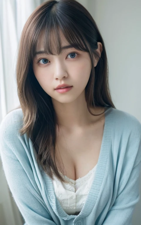 masterpiece, highest quality, 8k, 20th Generation, Large Breasts, cute, alone, sad, cute, Girlish, Delicate girl, Pure beauty,  RAW Photos, Professional photography, Portraiture, Soft Light, Professional Lighting, Backlight, Head to Knee, avert your eyes, Sophisticated, Film Grain, (Eyes and facial details:1.0), Short floating hair, Beautiful, flowing hair, bangs, (Loose cardigan(Light blue))、(Large Breasts:1.0)、You can see a little cleavage、Micro Mini Skirt、Voluptuous thighs、Dolly Makeup、Odd Eye、The color of the eyes is different on each side