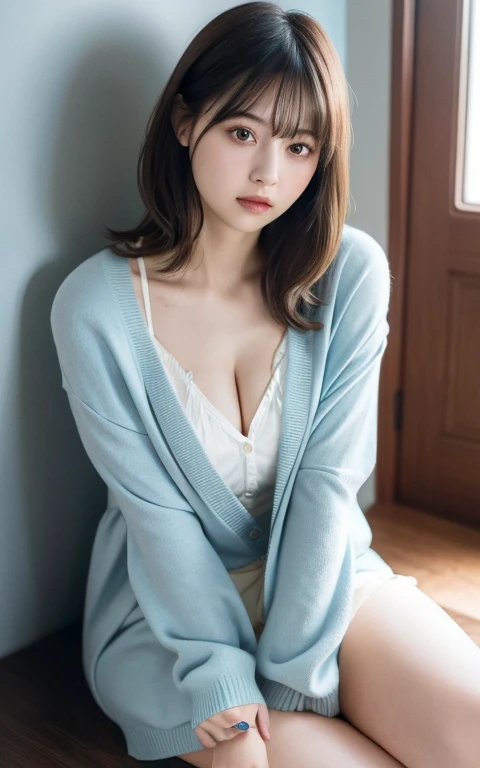 masterpiece, highest quality, 8k, 20th Generation, Large Breasts, cute, alone, sad, cute, Girlish, Delicate girl, Pure beauty, RAW Photos, Professional photography, Portraiture, Soft Light, Professional Lighting, Backlight, Head to Knee, avert your eyes, Sophisticated, Film Grain, (Eyes and facial details:1.0), Short floating hair, Beautiful, flowing hair, bangs, (Loose cardigan(Light blue))、(Large Breasts:1.0)、You can see a little cleavage、Micro Mini Skirt、Voluptuous thighs、Dolly Makeup、Odd Eye、The color of the eyes is different on each side