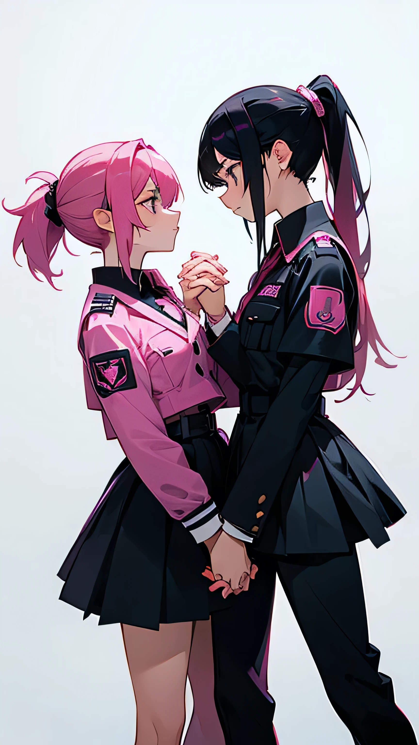 2 people,Uniforms of the same color,Pink Hair,Black Hair,ponytail,Lesbian,Holding hands