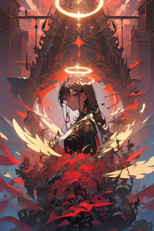 1girl, solo, (White scales, Squamous bodies), The halo, Wings, the fallen angel, brunette color hair, Loose waves, red eyes, (Intricate details:1.1), (Highly detailed face and eyes:1.2), side view, (The art of Hermann Nitch, Zdzislaw Beksinski), full shot