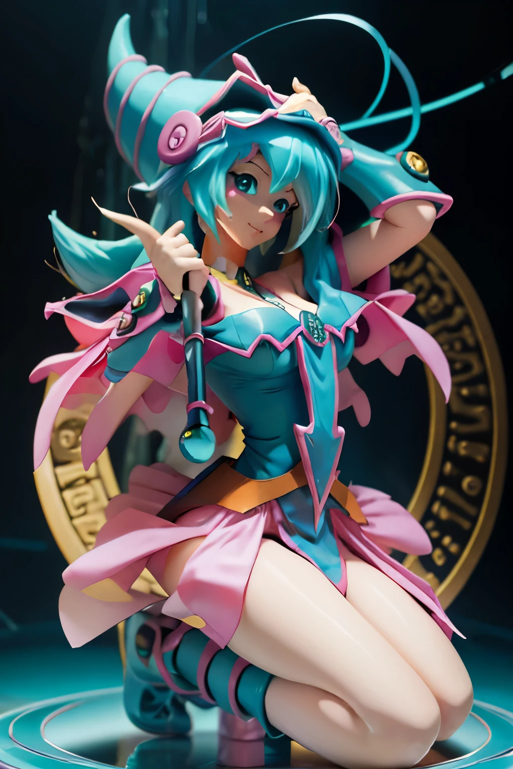 Hatsune Miku disfrazada de dark magician gils. Pose sensual y seductora. Fondo de magia 