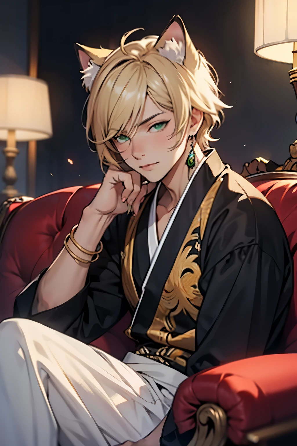 Anime boy, cat ears, hairs colored separated horizontally, long hairs, light blond hairs, green eyes, masterpiece, cute guy, necklackes, artist, musician, blur, depth of field, photo shoot, proffessional, ultrasharp, perfect face, blurred background, plain background, particles, perfect shadows and reflections, jewelry, aristocrat, oriental clothes, white roses, laying in roses, half-closed eyes, digital art, black couch,