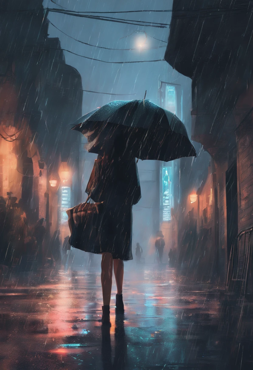 Garota com guarda chuva no meio da rua a noite