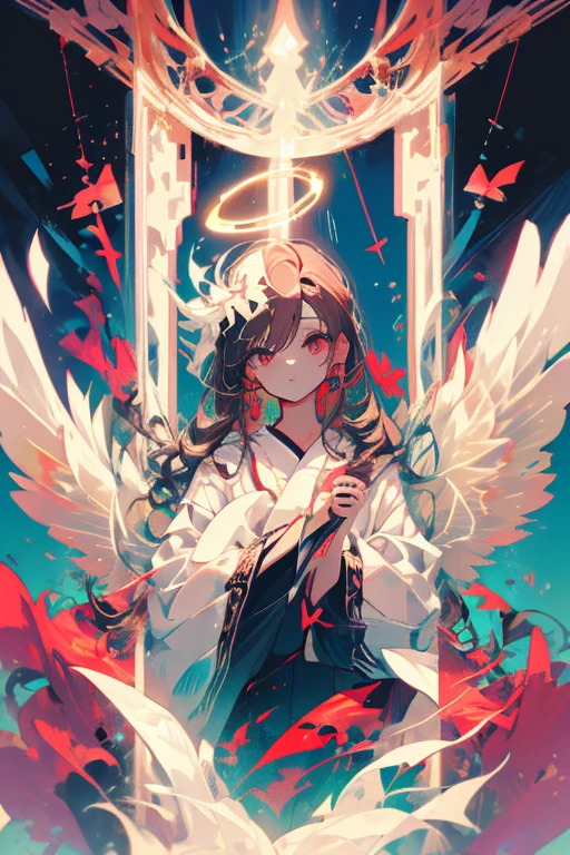 1girl, solo, (White scales, Squamous bodies), The halo, Wings, the fallen angel, brunette color hair, Loose waves, red eyes, (Intricate details:1.1), (Highly detailed face and eyes:1.2), full shot