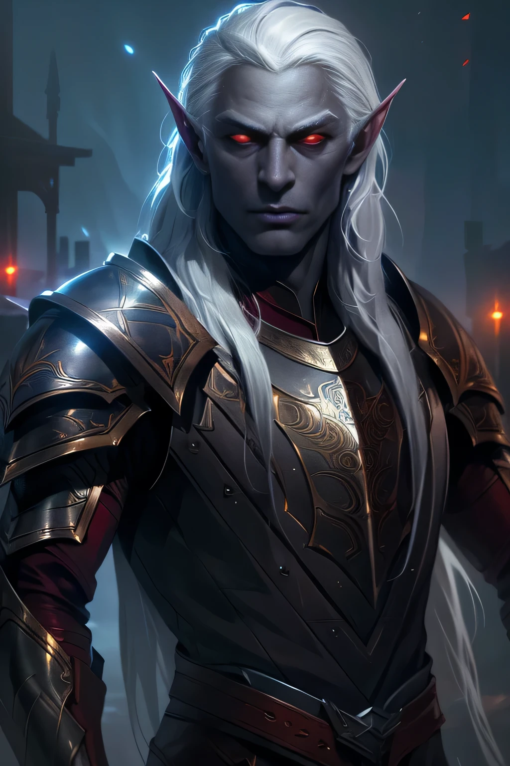 (Masterpiece - Ultra-Detailed, High Resolution) Male drow elf with gray skin and red eyes., white long hair, night time, leather armor, hyper-detailing, clipart, Cinematic, Editorial, Highly detailed, bright colours, beautifully lit, professional photorealism, Artstation