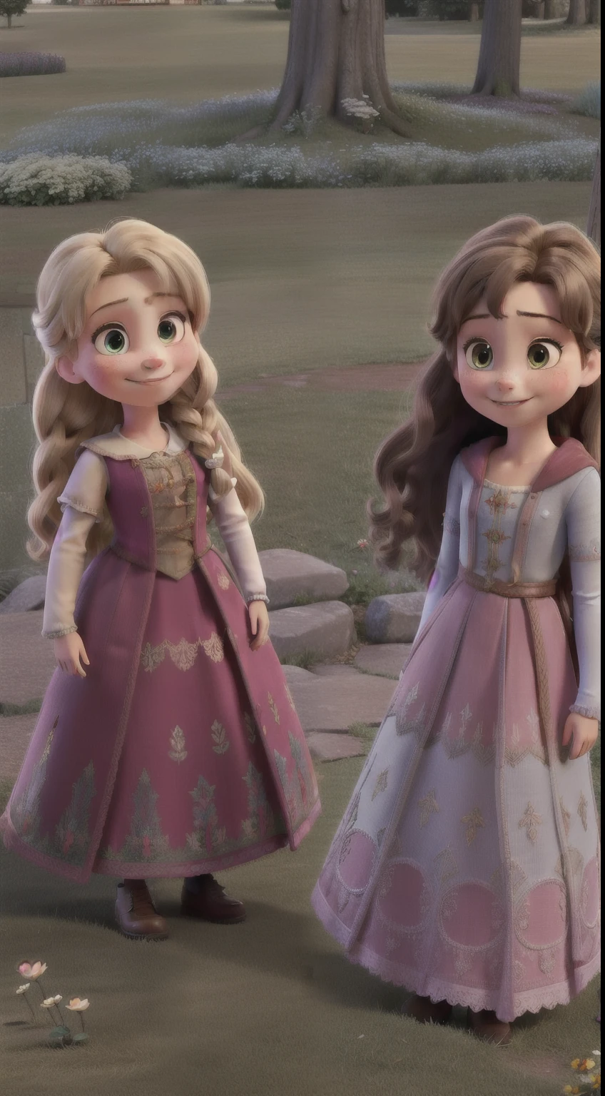 Two little girls, sisters, both smiling, standing next to each other, (best quality, detailed skin, highly detailed, cinematic lighting, ultra realistic, blushing, looking at the viewer), Anna, Anna from frozen, princesses, Disney , 6 year old , light brown skin, brown hair, long hair, Elsa, Elsa from frozen, princesses, Disney, 3 year old , long curly hair, blonde hair.