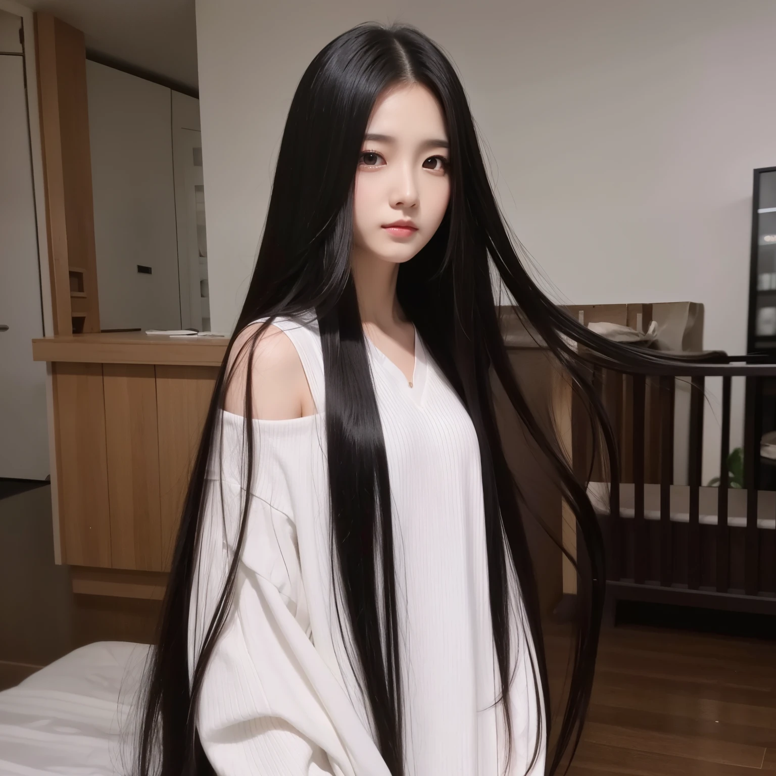 Super Long Hair、Best image quality、highest quality、Highest Resolution、Ultra-realistic photos、Full body photo、1 girl、Very beautiful face、Super super long hair、Hair Length Approx.5Meters、Straight black hair、Black hair longer than height、Black hair that hasn't been cut for over 20 years、Slender body、naked、World Long Hair Contest Winner、Terrifyingly thick black hair、My very long black hair is wrapped around my body.、Location: Bedroom、3Meters離れたところから撮影された、