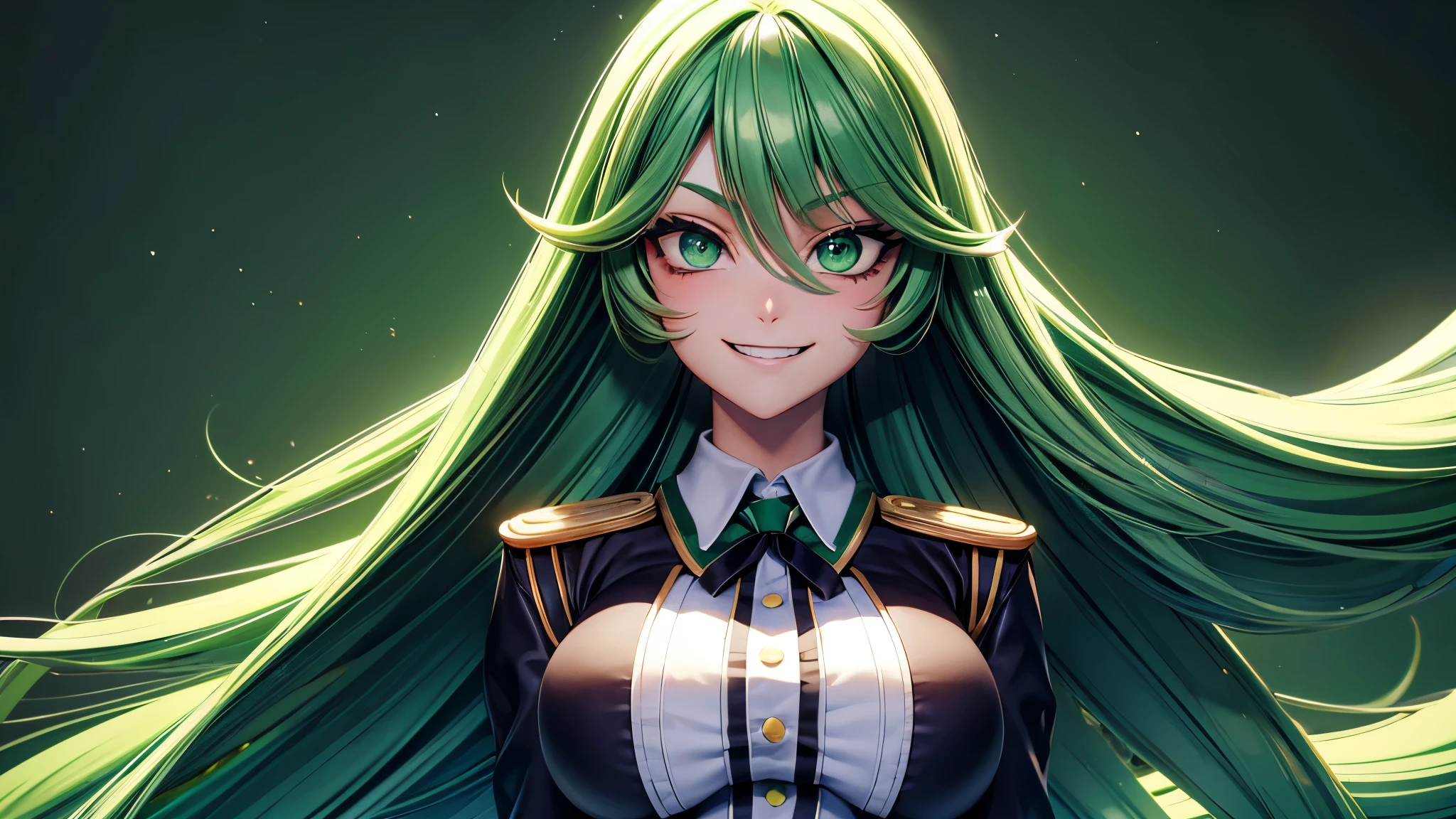 Extremely beautiful girl, green hair, long hair, bright green eyes, Green high school girl uniform, huge breasts, Yandere and evil smile, good quality, masterpiece, Beautiful eyes, Detailed eyes, Big eyes, Visual novel game style
