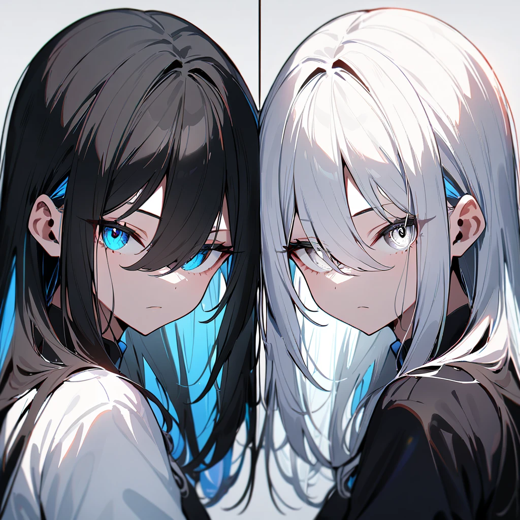 2 girl,portrait,masterpiece, best quality, very aesthetic, absurdres alternative color,chromatic aberration,Inner hair color, High Contrast, Marble Eyes, Dark,Hair on one eye,Hair between the eyes,Kneel,Black vs. White,Straight Hair,One Eye,Thin Hair,Whiteeyes,light blue eyes,fullf ace