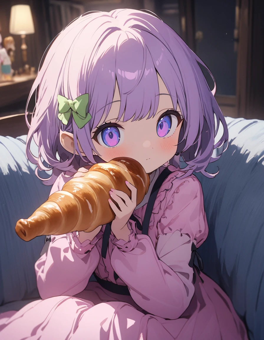 (Background Blur),(A living room with a bright atmosphere thanks to the sunlight)、(Sit on a comfortable, soft sofa、Chocolate cornetを口の中に軽く咥えている)、(1 girl)、(Wavy short hair、Purple pastel colors) 、(Chocolate cornet)、(Girly Fashion)、(((girly style))),((figure、High quality 8k))、indoor、(highest quality、masterpiece、High resolution、detailed)、animeスタイル、Flat Style, BREAK,flat color, flat shading、extremely detailed、eyes shining  colors illuminated light, Delicate and beautiful face, (The Shining), Best lighting, Best Shadow、High saturation,Dynamic Angle、Moe anime official art、anime、Warm and soft atmosphere