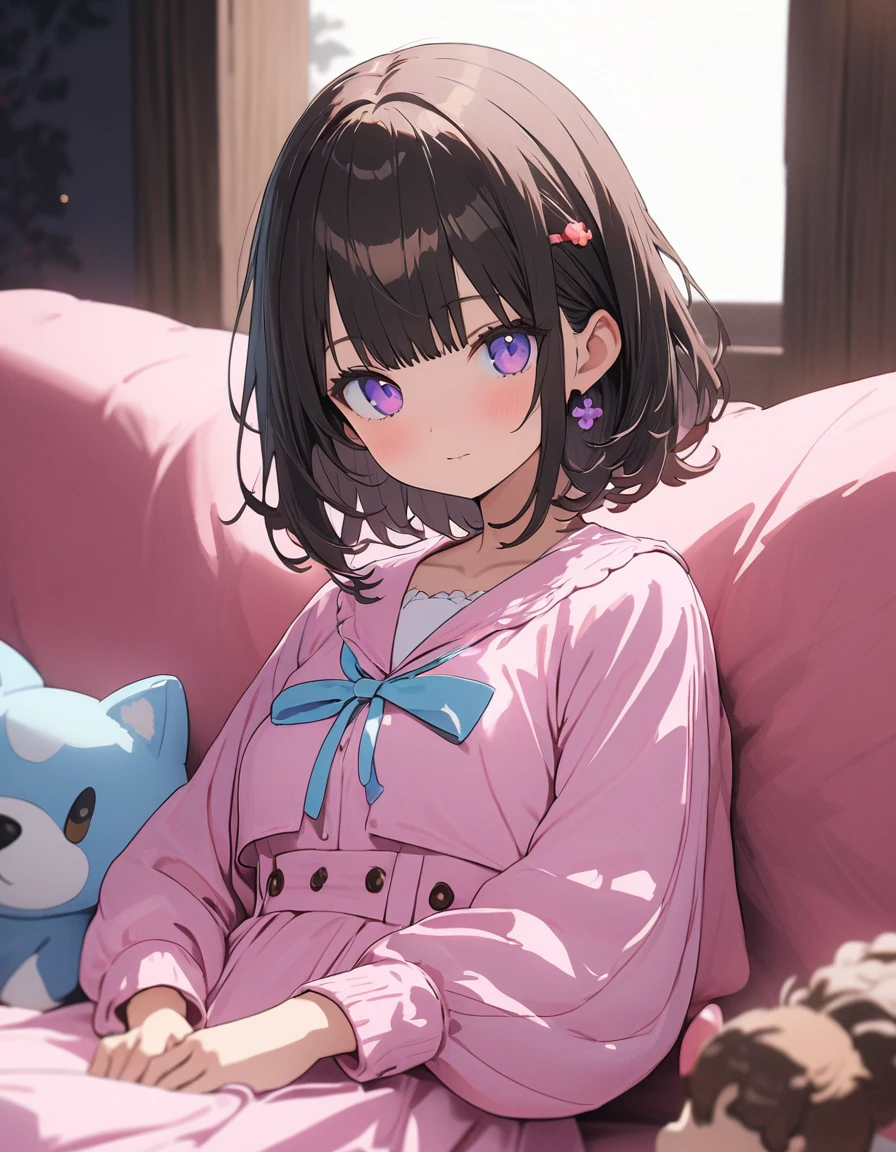 (Background Blur),(A living room with a bright atmosphere thanks to the sunlight)、(Sit on a comfortable, soft sofa、Chocolate cornetを口の中に軽く咥えている)、(1 girl)、(Wavy short hair、Purple pastel colors) 、(Chocolate cornet)、(Girly Fashion)、(((girly style))),((figure、High quality 8k))、indoor、(highest quality、masterpiece、High resolution、detailed)、animeスタイル、Flat Style, BREAK,flat color, flat shading、extremely detailed、eyes shining colors illuminated light, Delicate and beautiful face, (The Shining), Best lighting, Best Shadow、High saturation,Dynamic Angle、Moe anime official art、anime、Warm and soft atmosphere