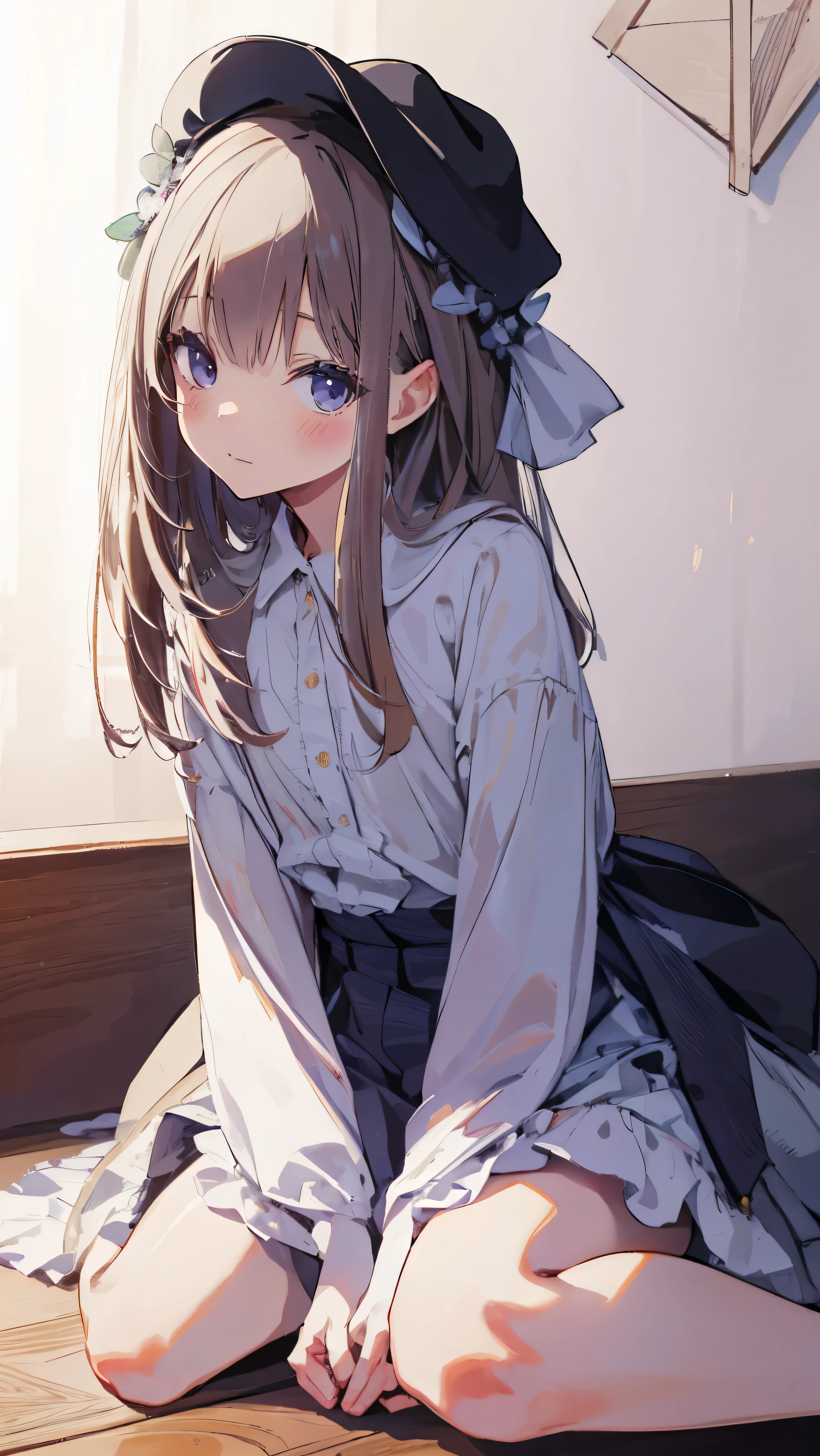 Masterpiece、Highest quality、highest quality、(((Lori)))、 ((((Petite))))、Shiny hair quality、Small face、Sitting、Super detailed, beautiful, wide eyes、Ultra-detailed, clear and beautiful faces、(cute illustration:1.2), High-resolution, ultra-detailed, best quality, embarrassed、cute、Thighs