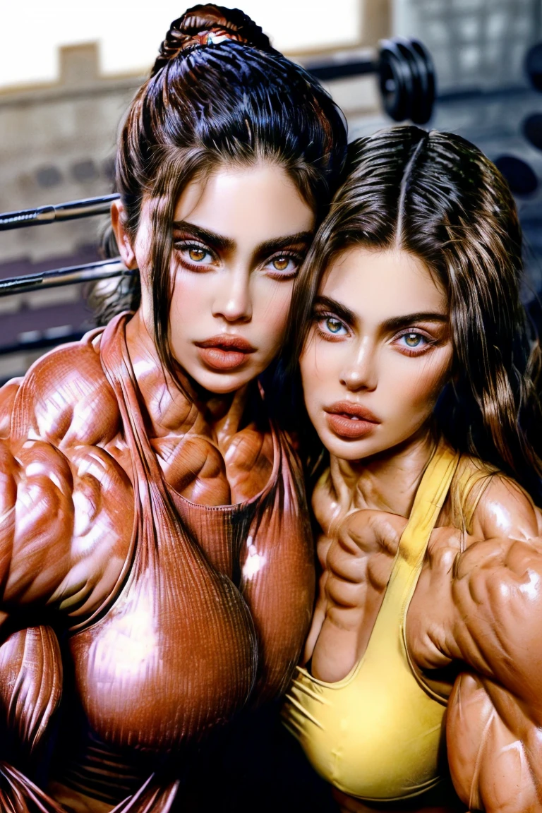 (2 girls body builders:1.6), ((masterpiece)), best quality, ultra-detailed:1.7, finely detail, high resolution:1.6, perfect dynamic composition, beautiful detailed faces:1.77, ginger babes:1.88, perfect red lipstick, perfect makeup:1.8, short denim bikini , purple eyes, extra large breasts:1.4, lovely look:1.7, gorgeous face:1.6, defined muscles:1.4, beautiful faces:1.8, alessandra ambrossio, izabel goulart, Kate Upton, Gigi Hadid, candice swanpoel ,popped out dense veins on muscles:1.8, hyper detailed picture:1.4, 8k resolution: 1.7, flex muscles:1.3, hyper muscular body shape:1.42, photorealistic:1.5, realistic:1.6, face masterpiece:1.74, good and professional lighting on picture:1.38, Swedish-Arabian muscle beauty goddess, masterpiece 26 years old Dua Lipa and Ariana Grande as bodybuilders, extremely high resolution, hyper feminine beauty , hyper realistic texture , hyper muscularity, hyper vascularity, ass of titanium, muscles of steel, ripped body shape, ripped sexy ass with bikini, muscular ass , topless, kissing, good face details, hyper face detailing, doing sex, super romantic moment, hyper romantic, romantic kiss, perfect symmetrical face, sexy french kiss with tongues, serious muscle posing, ginger and blonde babes, perfect teeth and smile
