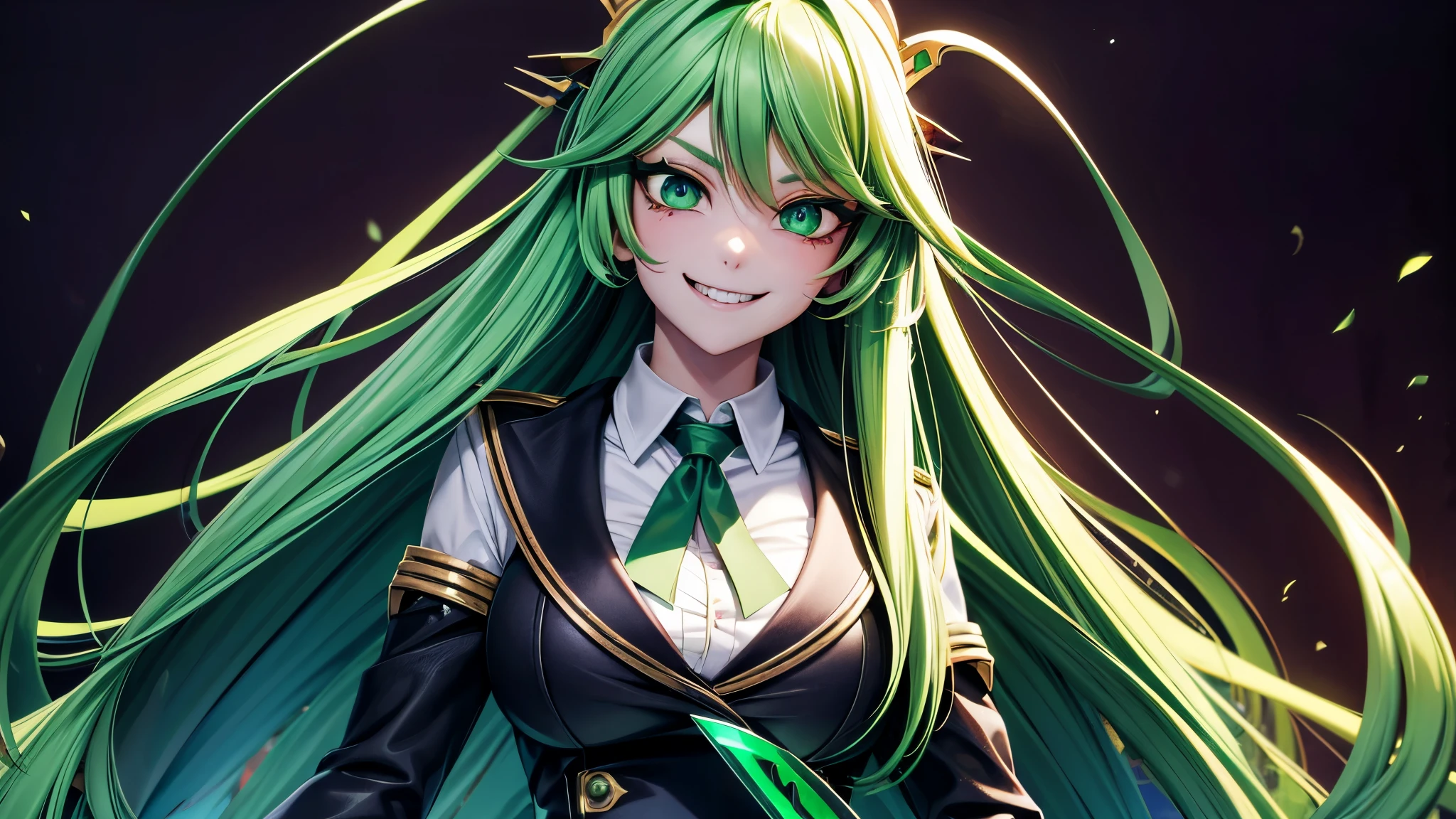 Extremely beautiful girl, green hair, long hair, bright green eyes, Green high school girl uniform, huge breasts, Yandere and evil smile, Holding a knife full of blood, face full of blood and extremely scary, good quality, masterpiece, Beautiful eyes, Detailed eyes, Big eyes, Visual novel game style