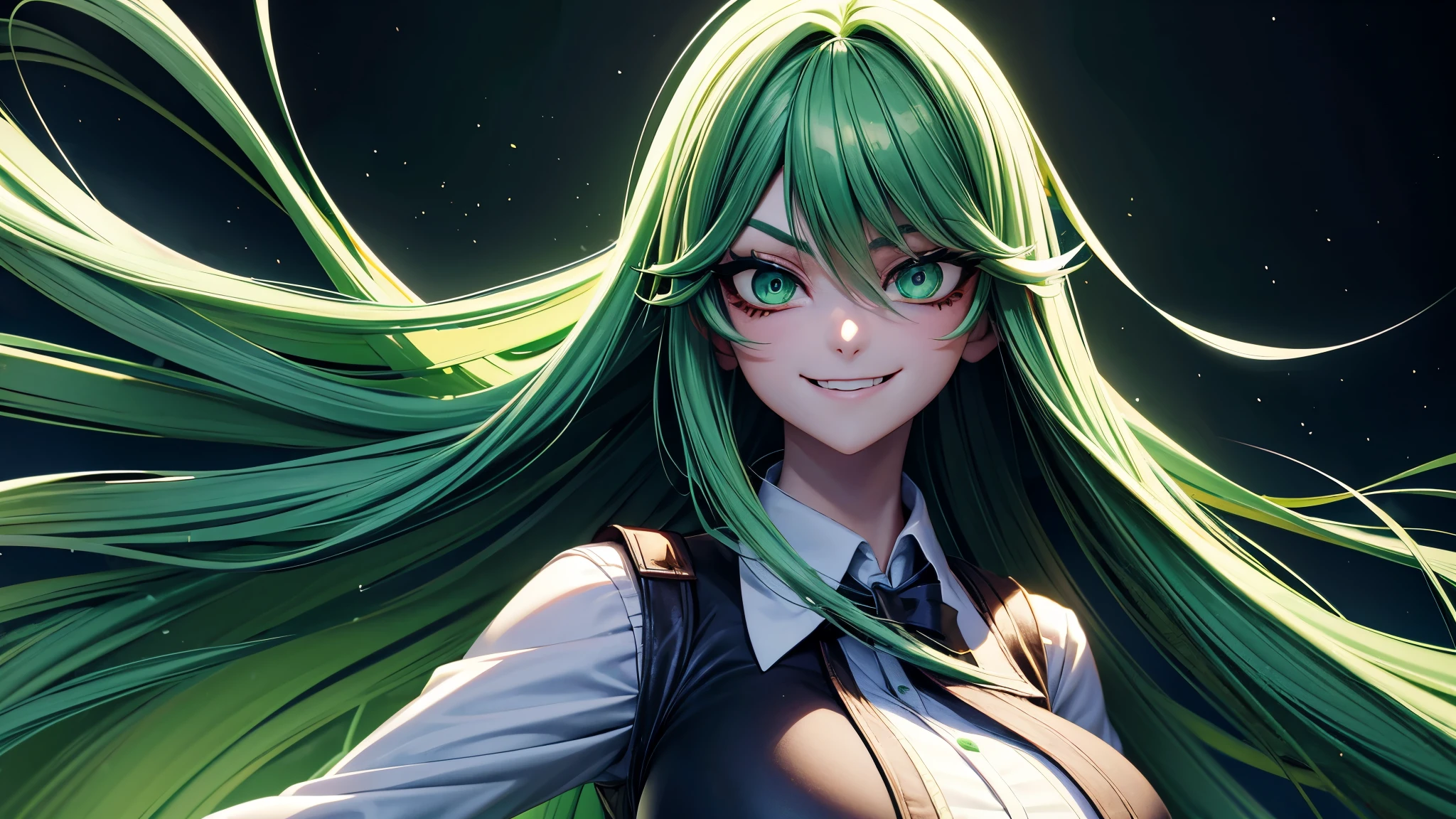 Extremely beautiful girl, green hair, long hair, bright green eyes, Green high school girl uniform, huge breasts, Yandere and evil smile, Holding a knife full of blood, face full of blood and extremely scary, good quality, masterpiece, Beautiful eyes, Detailed eyes, Big eyes, Visual novel game style