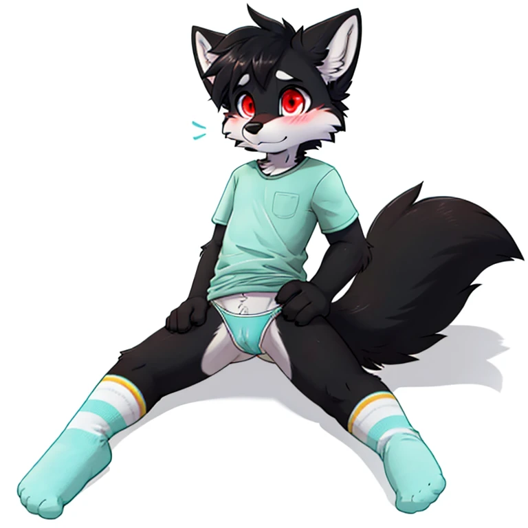 Anthropomorphic young 8 year olf male black fox, red eyes, twirl tails, fullbody view, solo, lying on floor, white background, digital art, lifting his shirt, touching his hip, seen from the back, wearing a teal t-shirt and long teal socks with white stripes and teal panties, looking at viewer, pantiees lowered, worried face, blushed.