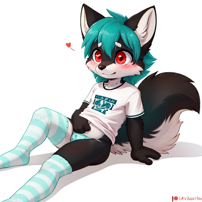 Anthropomorphic young 8  olf male black fox, red eyes, twirl tails, fullbody view, solo, lying on floor, white background, digital art, lifting his shirt, touching his hip, seen from the back, wearing a teal t-shirt and long teal socks with white stripes and teal panties, looking at viewer, pantiees lowered, worried face, blushed.
