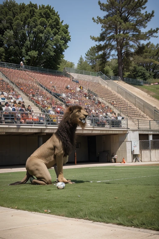 Abbandoned Soccer field.  Empty stands.  Ruined bleachers.  Destroyed chairs.  Laminated lawn.  A lion in the center of the field.  Lions sicks. Vulture eating the lion 
