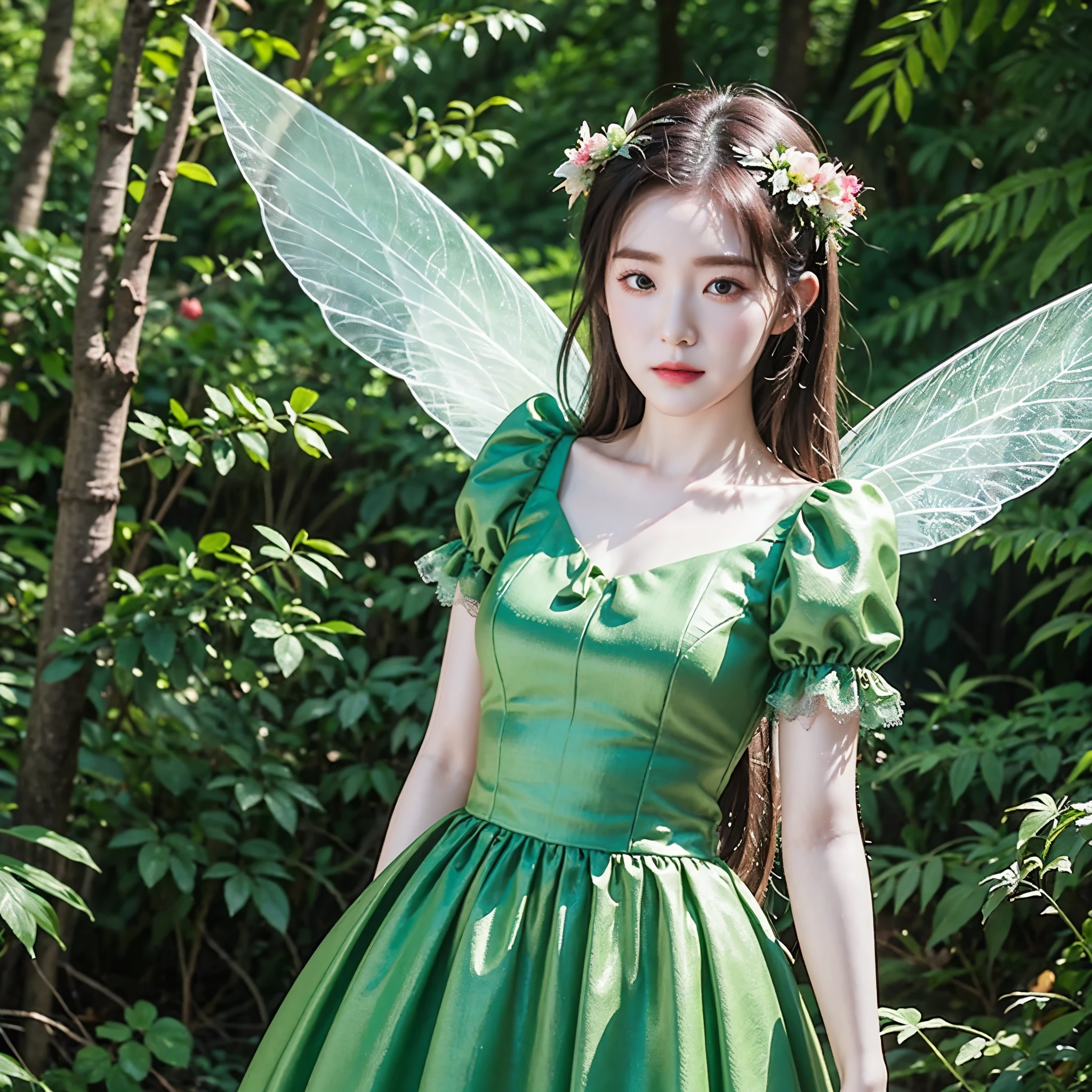irene1, 1girl, fairy dress, green dress, fairy wings, in a forest