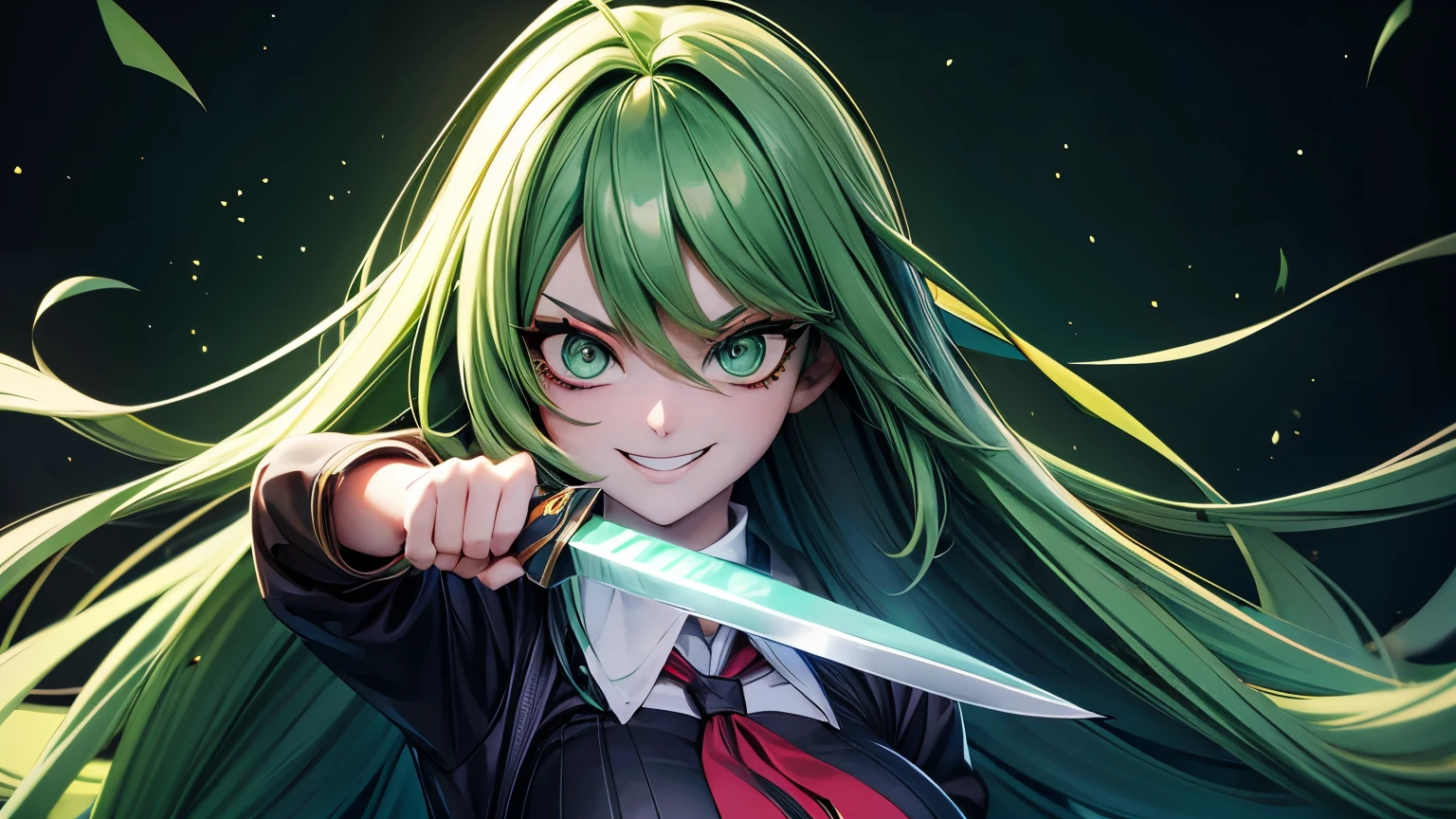 Extremely beautiful girl, green hair, long hair, bright green eyes, Green high school girl uniform, huge , Yandere and evil smile, Holding a knife full offull of blood and ex, good quality, masterpiece, Beautiful eyes, Detailed eyes, Big eyes, Visual novel game style