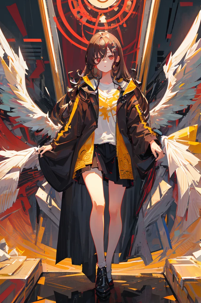 1girl, solo, cute little, Wings, the fallen angel, brunette color hair, Loose waves, red eyes, (Intricate details:1.1), (Highly detailed face and eyes:1.2), proportional body, full shot