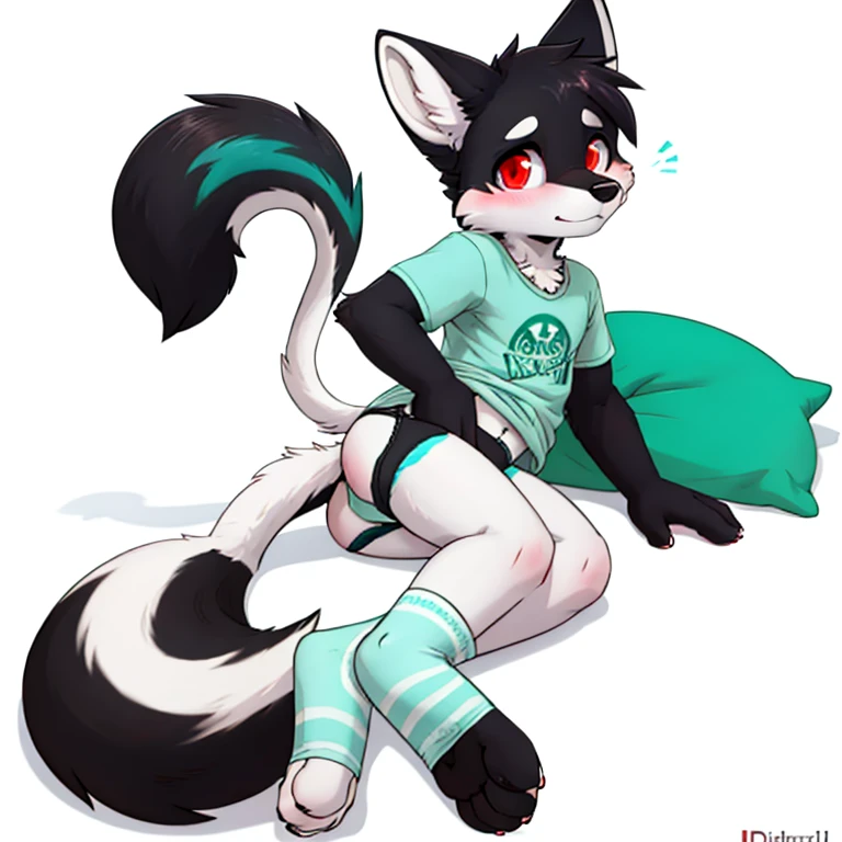 Anthropomorphic young 8 year olf male black fox, red eyes, twirl tails, fullbody view, solo, lying on floor, white background, digital art, lifting his shirt, touching his hip, seen from the back, wearing a teal t-shirt and long teal socks with white stripes and teal panties, looking at viewer, pantiees lowered, veryworried face, blushed.