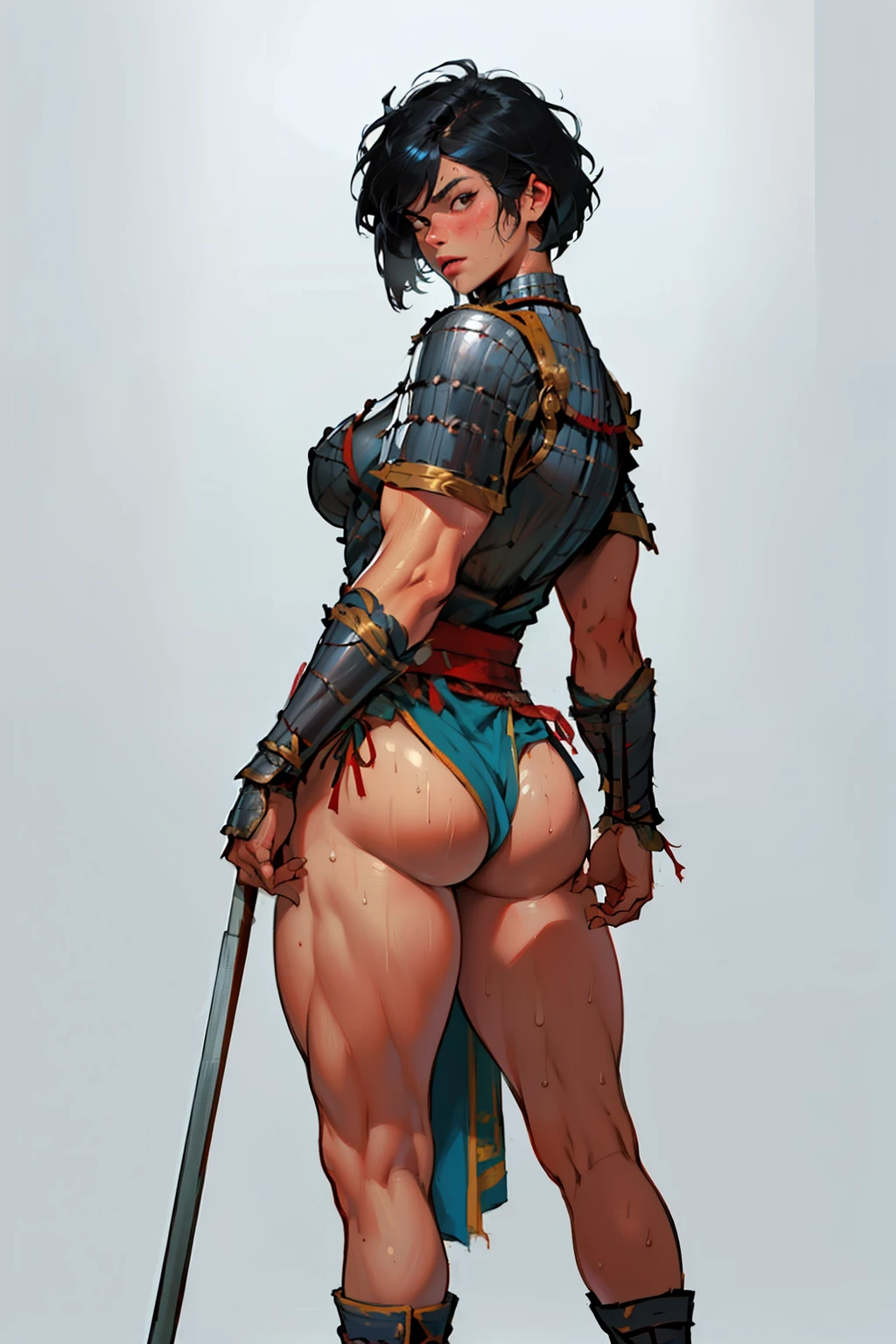 (high resolution, pixel perfect, realistic, gorgeous illustrations), (hyper quality, muste piece, etheric: 1.4), (((1girl))), ((((black skin)))), clothed, (((((((Buttlift))))))), (((((((stand,open legs))))))), tattoo, mature woman, cool atmosphere, black hair, ((((bob cut)))), ((((messy hair)))), ((Exquisite face)), (angry), (((((((muscular))))))), ((thick thighs)), (((wide hips))), ((Big breasts that are about to burst)), fighter, (((woman))), ((((wh_chi_armor)))), ((leotard)), ((((loincloth)))), (shiny skin), ((((gleaming skin)))), (((sweat))), simple background,