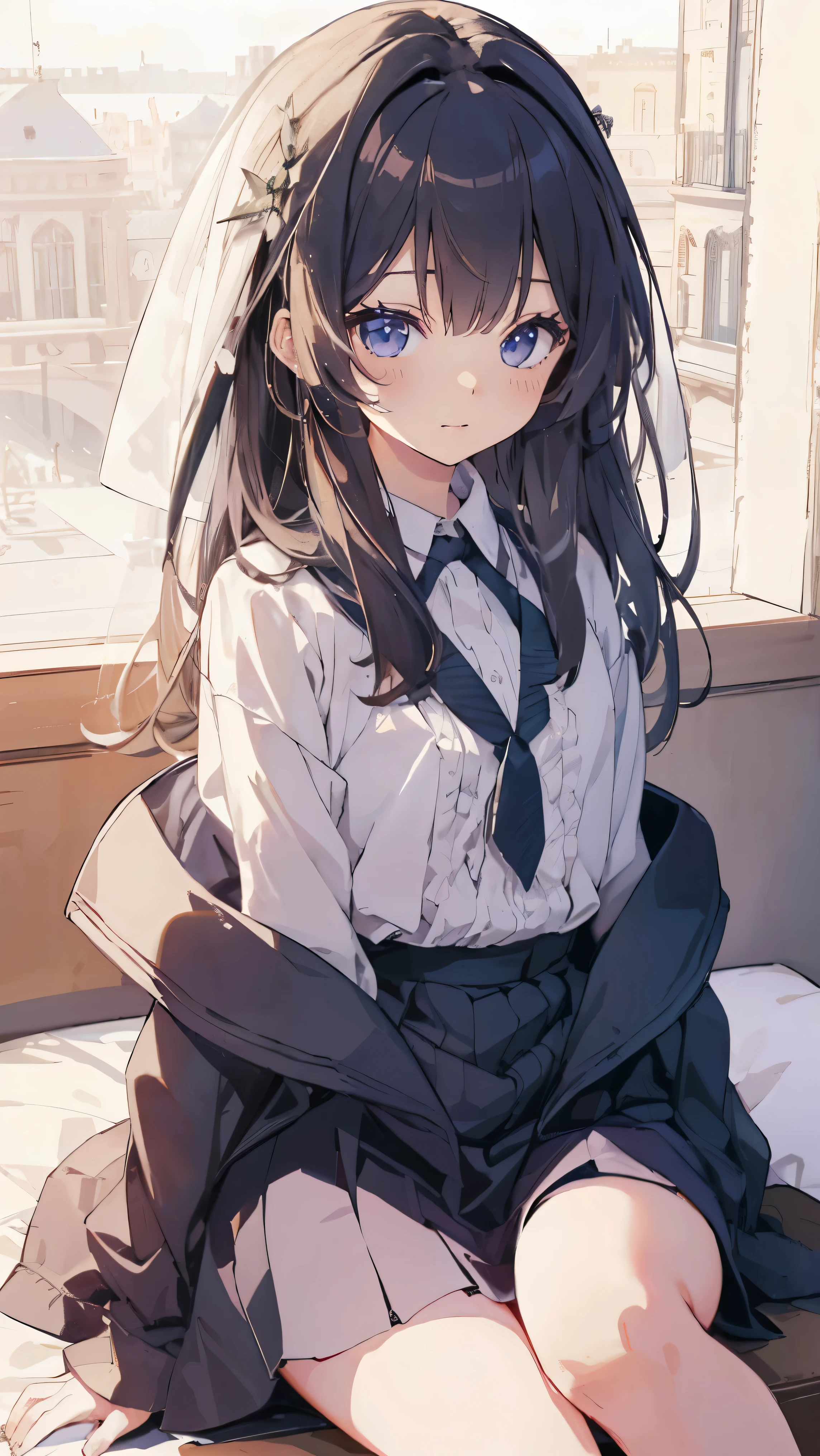 Masterpiece、Highest quality、highest quality、(((Lori)))、 ((((Petite))))、Shiny hair quality、Small face、Sitting、Super detailed, beautiful, wide eyes、Ultra-detailed, clear and beautiful faces、(cute illustration:1.2), High-resolution, ultra-detailed, best quality, embarrassed、cute、Thighs