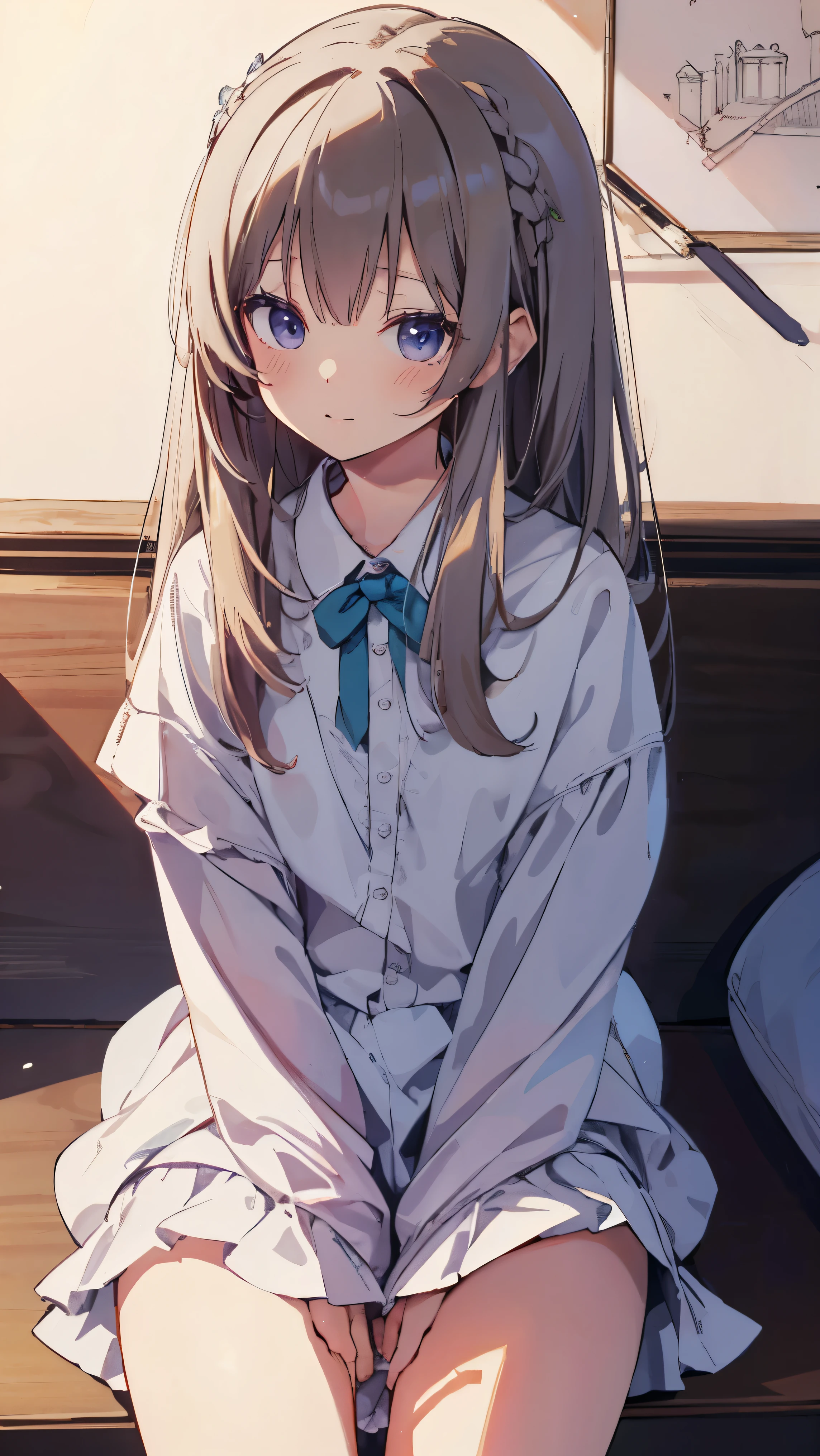 Masterpiece、Highest quality、highest quality、(((Lori)))、 ((((Petite))))、Shiny hair quality、Small face、Sitting、Super detailed, beautiful, wide eyes、Ultra-detailed, clear and beautiful faces、(cute illustration:1.2), High-resolution, ultra-detailed, best quality, embarrassed、cute、Thighs