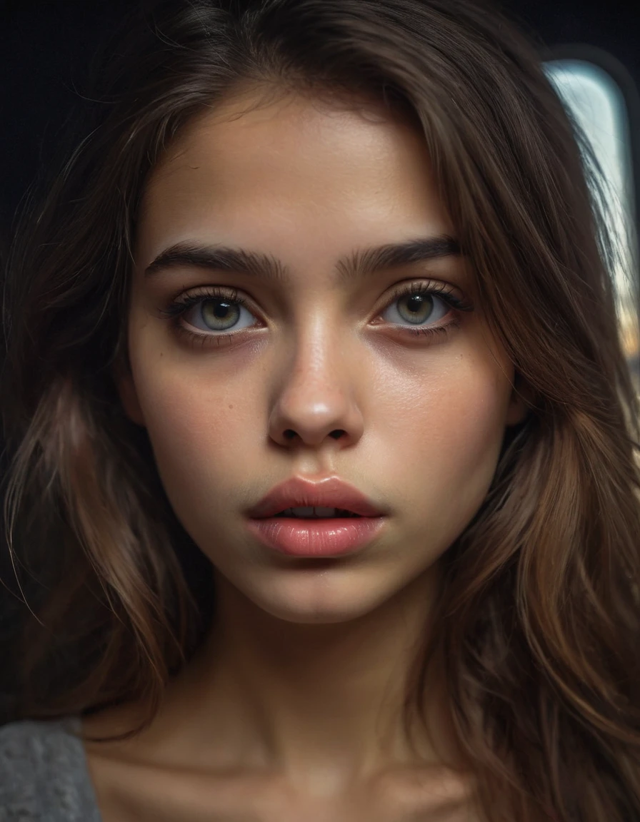 (best quality, HDR, highres, realistic:1.37), detailed painting, conceptual artists, poetic, majestic, serene, elegant colors, soft lighting, peaceful atmosphere, subtle brushstrokes, graceful movement, piso inundado, teto de vidro, Miradouro no andar de cima com parapeito, brazi, Videiras, ,1girl,soio,Olhos detalhados,beautiful detailed lips,fundo escuro,atmosfera estranha,noite,telefonema,Serious expression,quarto,iluminado pelo luar