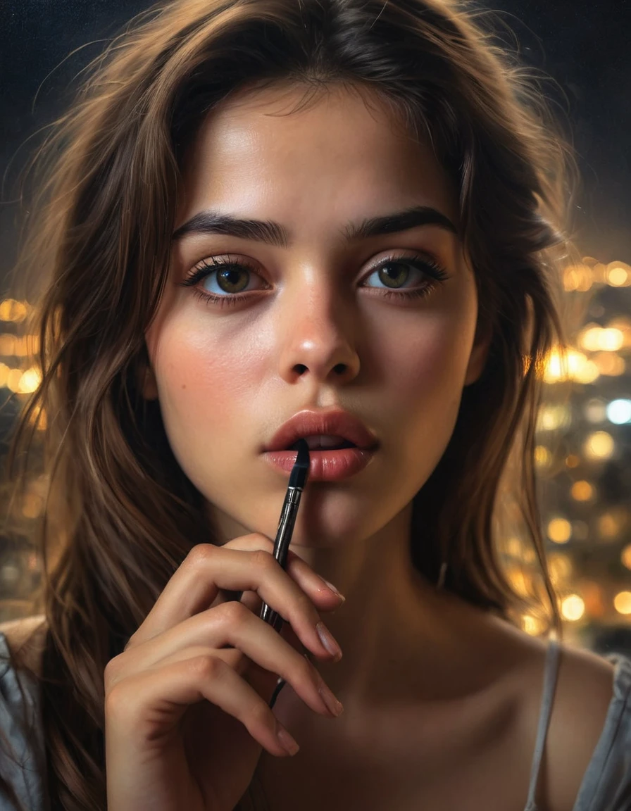 (best quality, HDR, highres, realistic:1.37), detailed painting, conceptual artists, poetic, majestic, serene, elegant colors, soft lighting, peaceful atmosphere, subtle brushstrokes, graceful movement, piso inundado, teto de vidro, Miradouro no andar de cima com parapeito, brazi, Videiras, ,1girl,soio,Olhos detalhados,beautiful detailed lips,fundo escuro,atmosfera estranha,noite,telefonema,Serious expression,quarto,iluminado pelo luar