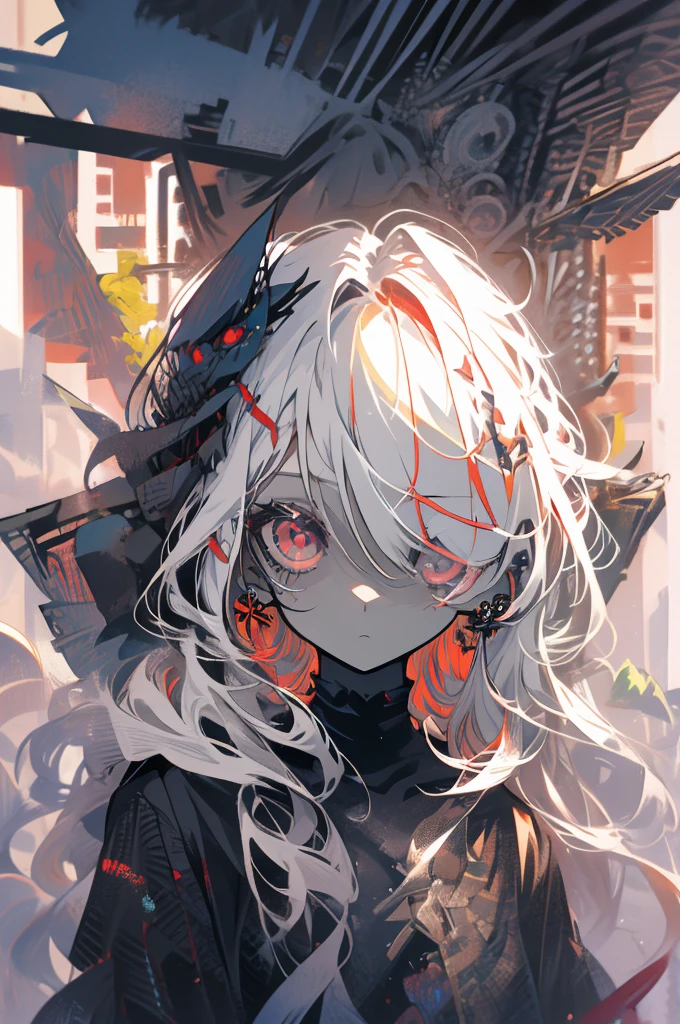 1girl, solo, cute little, Wings, the fallen angel, brunette color hair, Loose waves, red eyes, (Intricate details:1.1), (Highly detailed face and eyes:1.2), proportional body, full shot
