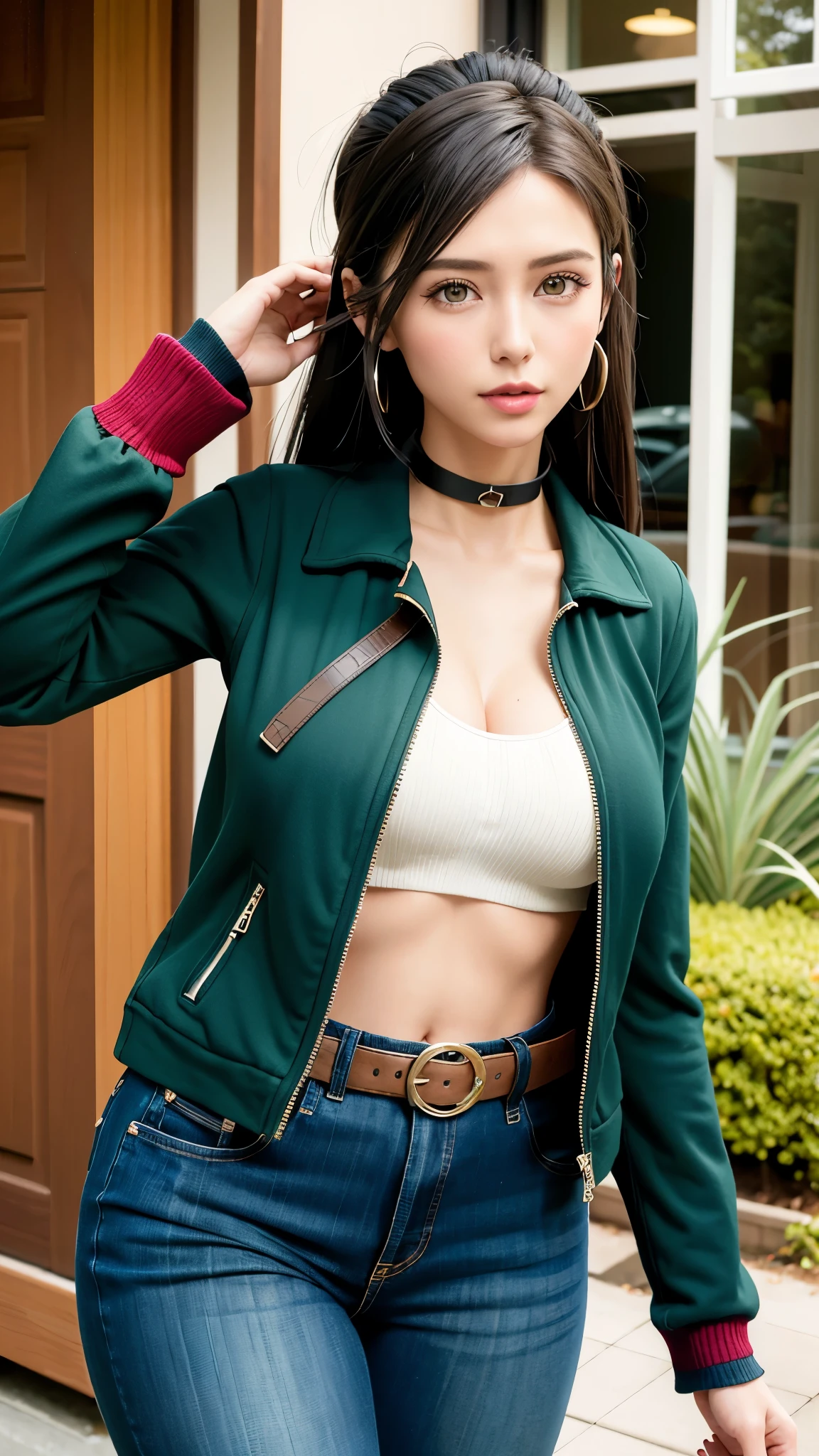 (masterpiece, best quality:1.2), panam palmer, 1girl, solo, black hair, gloves, pants, a red jacket, fingerless gloves, denim, belt, choker, jeans, collar, vest, nose, lips,a green leotard, black gloves, , hair bun, cropped jacket, makeup, open jacket, open clothes, thigh gap, desert, looking at viewer, cowboy shot, outdoors, salute