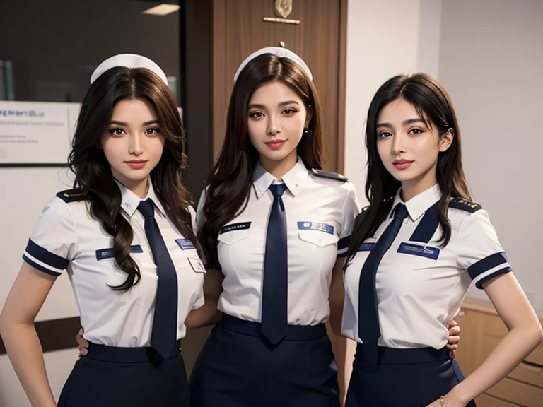 A hyperrealistic 3D image of five sexy Lebanese women in uniform, including office wear, police uniform, stewardess, nurse uniform and school girl uniform, seductive pose and smiling to camera.