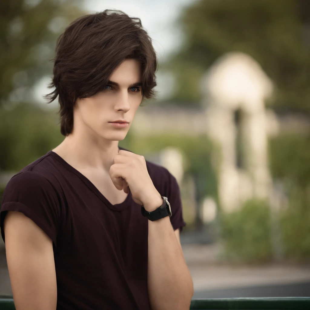 He is an emo boy, white complexion, slim, grayish blue eyes, dark brown hair, short emo hairstyle and he is 1.91 cm tall, very handsome, Polish and looks like the character called Dominik santorski From the movie suicide room wearing emo clothes Do it in a photo with his father and mother, his mother is shorty