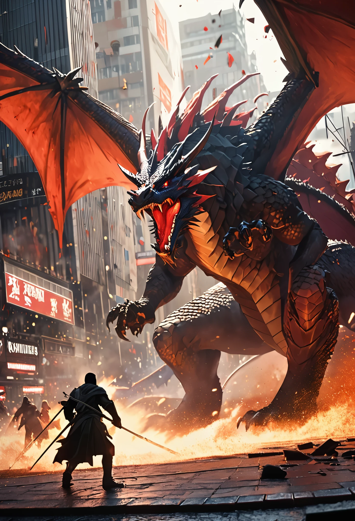 (high quality, 8k, 4K, high contrast, masterpiece: 1.2, 最high quality, best aesthetic), Shibuya crossing, post-apocalyptic, 1 man, focus, intense fight, fighting action pose, ((( Blur effect motion speed: 1.6))), destroyed Tokyo atmosphere, empty street scene, broken neon signs, depressing atmosphere, fast movement, ((motion blur on arms)), shadow assassin, assassinating an enemy , destroyed architecture, blood on the ground, less blood stained, evil energy, cinematic colors, dynamic settings, atmospheric perspective, epic lighting, (1vs1), (desenfundado), concept:Battle scene with a dragon. quality:(highest quality, 4k, High resolution, masterpiece:1.2), Super detailed, (fantasy art,oil:1.5), High quality artwork, delicate brushstrokes. composition:Bokeh, Dynamic composition, a powerful sense of movement, dungeons&inspired by dragons, The overall dramatic atmosphere of the scene, original composition, dutch angle, moving depiction. Subject information:(((Red Dragon:1.2, Giant Monsters))), large dragon with red scales, fierce battle, speed and adrenaline, atmosphere of battle. Other details:An illustration of a scene from a legendary RPG, Combat action in the dungeon, Billowing dust and smoke, Magical effects released by a wizard, (magic scroll), dynamic angle, Angry voice, powerful wave roar, luster, smooth aerodynamic shape, Battle maneuvers that require concentration, energetic atmosphere, The perfect balance of chaos and precision, thrill, a powerful sense of movement, Background Bokeh, 500㎜, f/4.0.