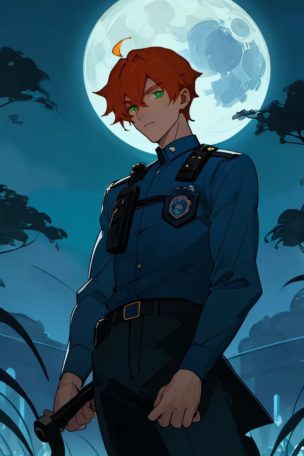 A police dark blue guy with orange hair and green eyes, the blue moon In the background night Anime