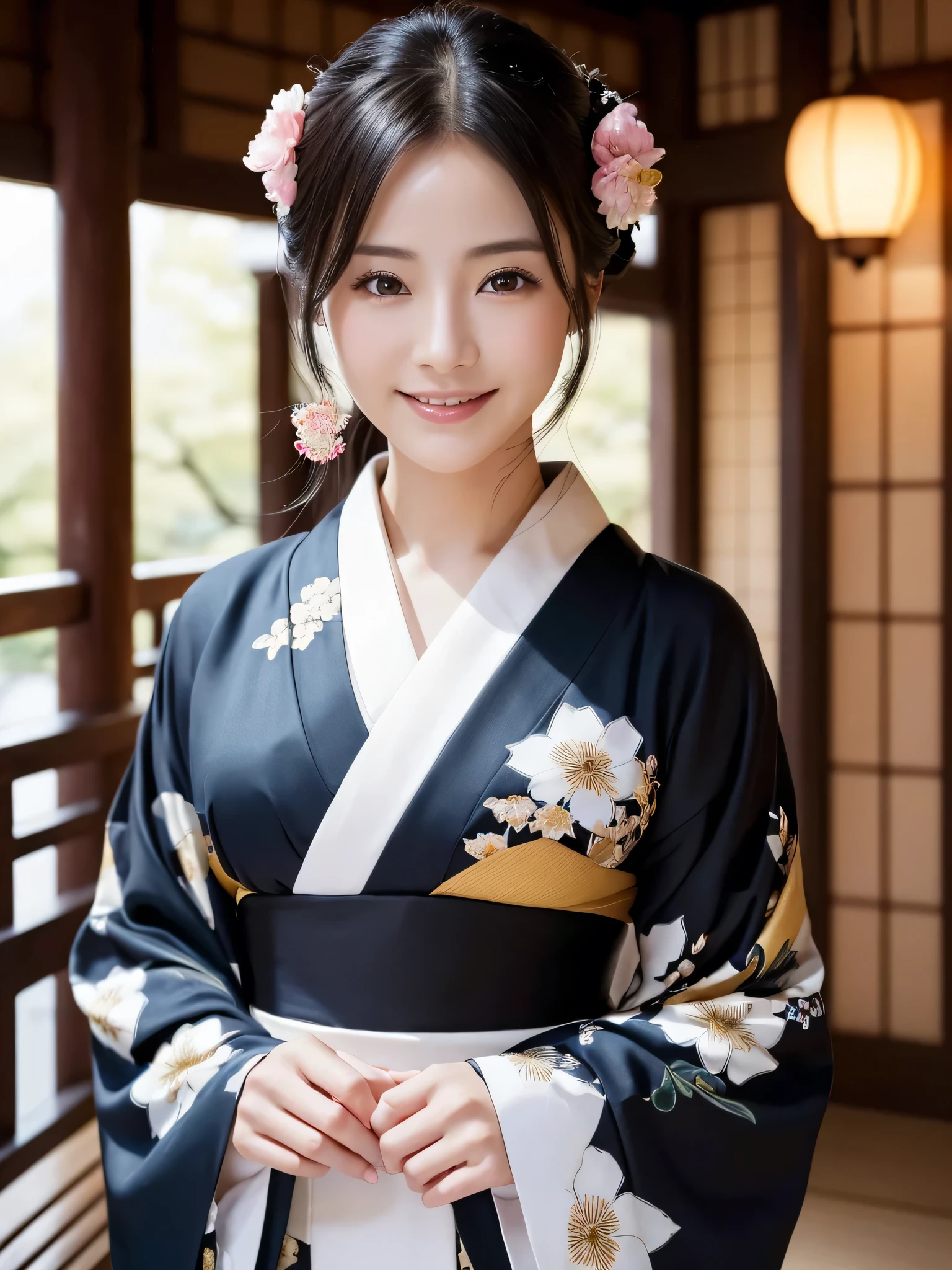 (Super beautiful woman in kimono)、((highest quality、8K masterpiece:1.3))、sharp focus:1.2、(super beautiful face:1.0)、(shiny skin:1.0)、realistic pictures、black hair、video lighting、High resolution eyes and face、video lighting、japanese actress、from the front、with a happy smile、whole body、wearing a kimono、in Kyoto、luxury obi、In Kyoto