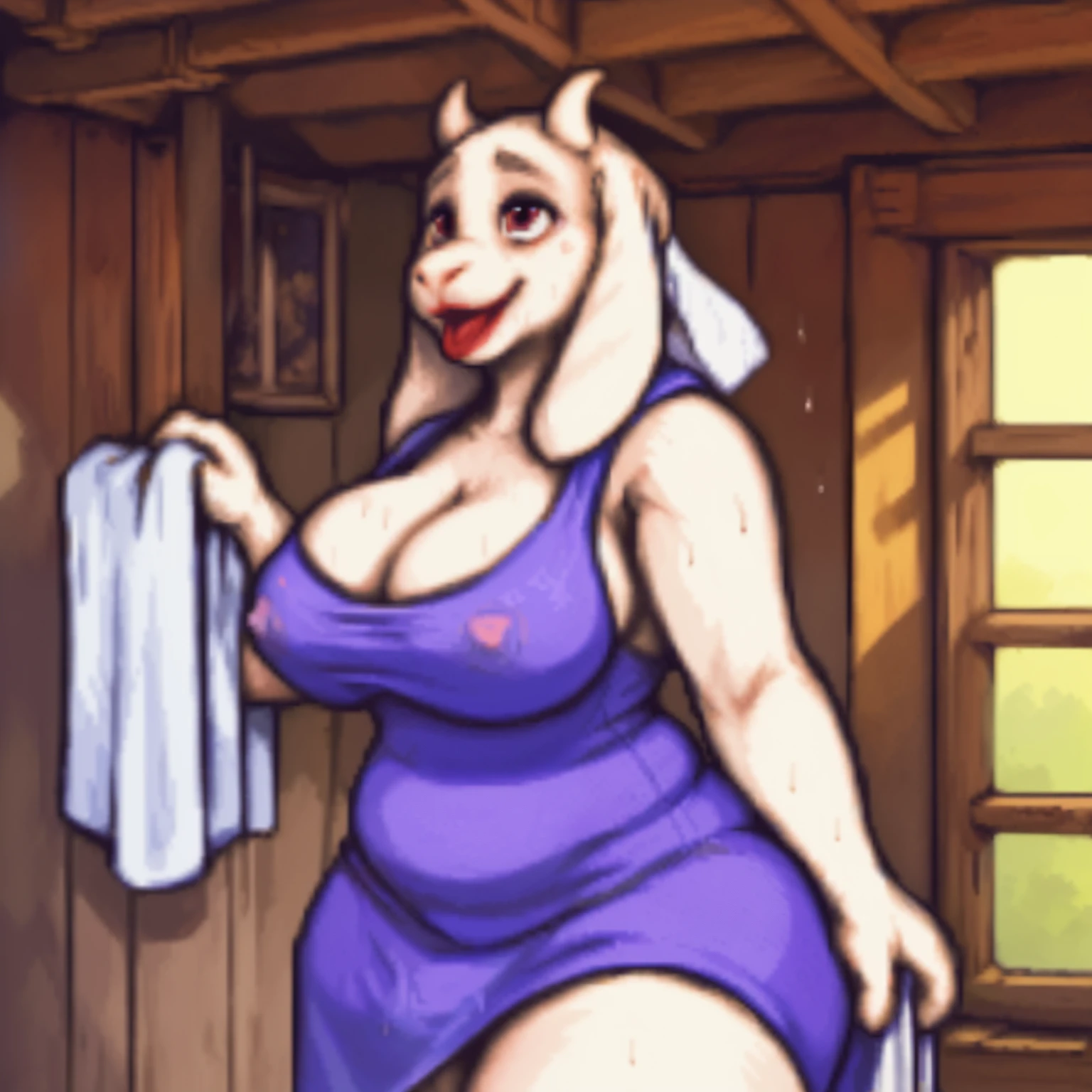 [toriel], [Undertale], [Uploaded to e621.net; (Pixelsketcher), (mommy), ((beautiful body)), ((beautiful anatomy)), ((cute face)), ((bimbo lips)), (red lips), ((big ass)), ((slightly showing thong covered by towel)), (black underwear underneath dress), (wamudraws), (woolrool)], ((masterpiece)), ((HD)), ((high quality)), ((solo portrait)), (big behind), ((butt visible)), ((feet visible)), ((furry; anthro)), ((detailed fur)), ((detailed shading)), ((beautiful render art)), ((intricate details)), beautiful, (cute),  mature, {anthro goat; white fur, white nose, (cute maroon eyes), (short eyelashes), (short horn), short fluffy tail, (big booty), (gorgeous wide hips), (thick thighs), (kenket), (showing ass), (open mouth, blush), (surprise), (frown)}, {(big , big breasts, big boobs), (dress, purple dress:1.2), (big butt), (white rune on chest)}, {(standing)), (free hands), (showing tight thong hugging ass), ((sweaty body)), ((wet body)), (looking at viewer)}, [background; (in her room), (nipple outlines under towel), (ambient lighting)], (big ass), (wide hips), ((sfw slightly showing black thong covered by towel)), (thick thighs), ((cleavage)), (perfect clothing), (nude), (bare ass), 
