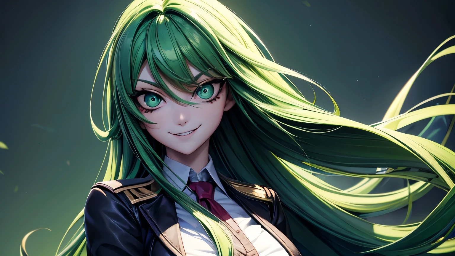 Extremely beautiful girl, green hair, long hair, bright green eyes, Green high school girl uniform, huge breasts, Yandere and evil smile, Holding a knife ?????????????, face full of blood and extremely scary, good quality, masterpiece, Beautiful eyes, Detailed eyes, Big eyes, Visual novel game style