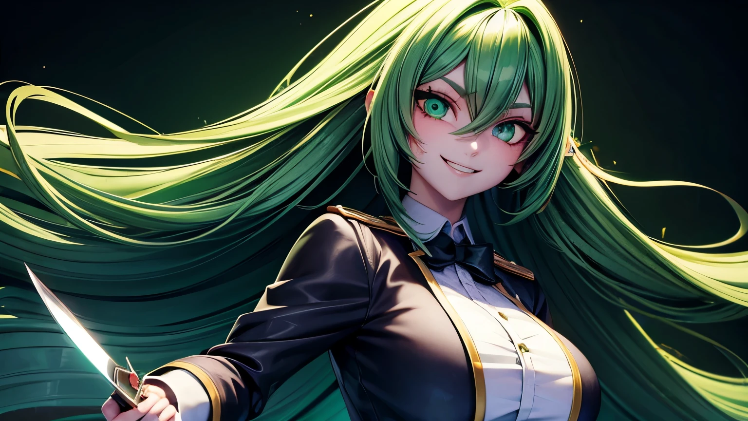 Extremely beautiful girl, green hair, long hair, bright green eyes, Green high school girl uniform, huge breasts, Yandere and evil smile, Holding a knife full of blood, face full of blood and extremely scary, good quality, masterpiece, Beautiful eyes, Detailed eyes, Big eyes, Visual novel game style