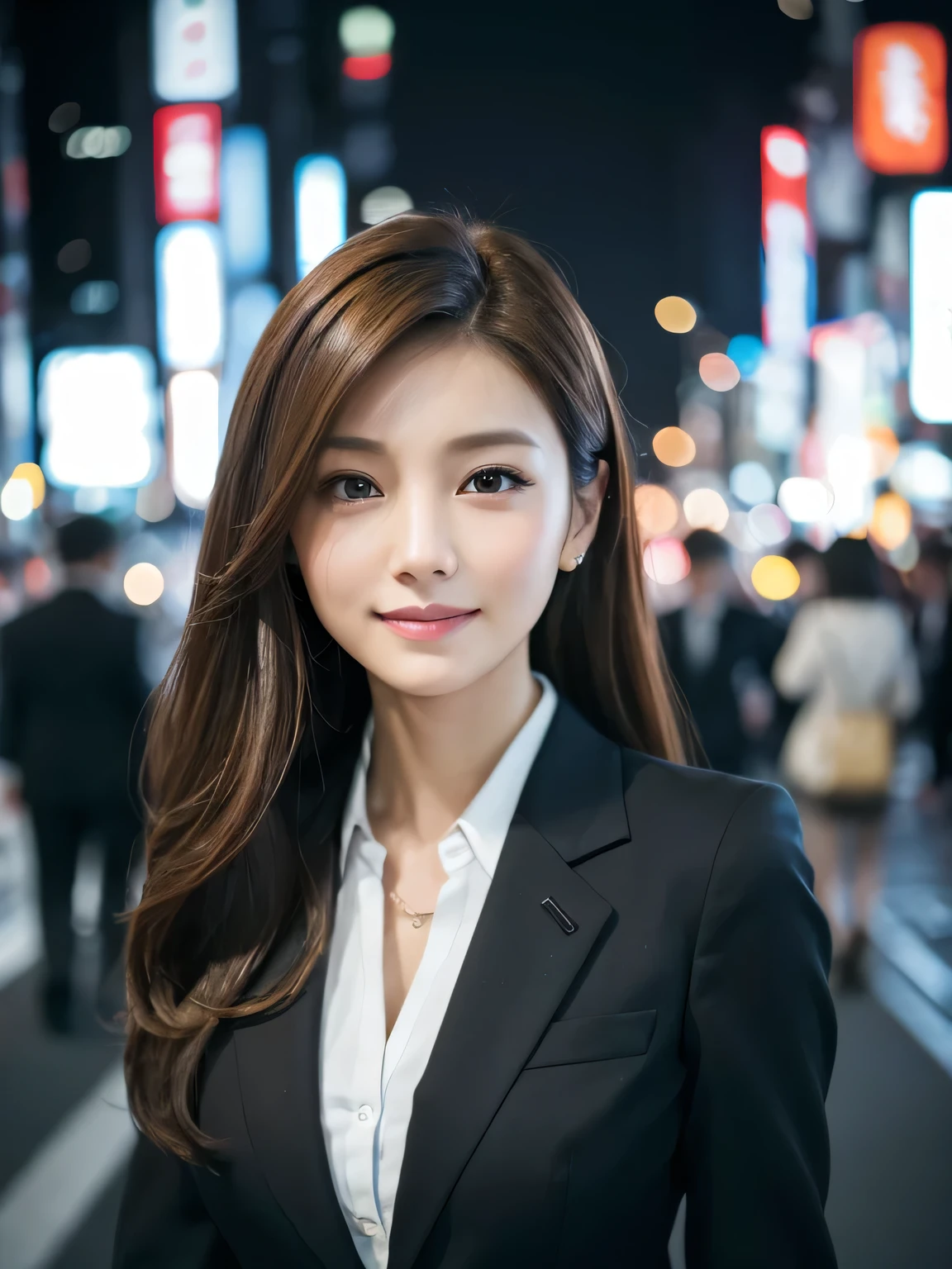 table top、highest quality、genuine、Super detailed、finely、High resolution、8k wallpaper、one beautiful woman、、、light brown disheveled hair、wearing a business suit、sharp focus、perfect dynamic composition、beautiful and detailed eyes、thin hair、Detailed genuine skin texture、smile、model body shape、In Tokyo at night、