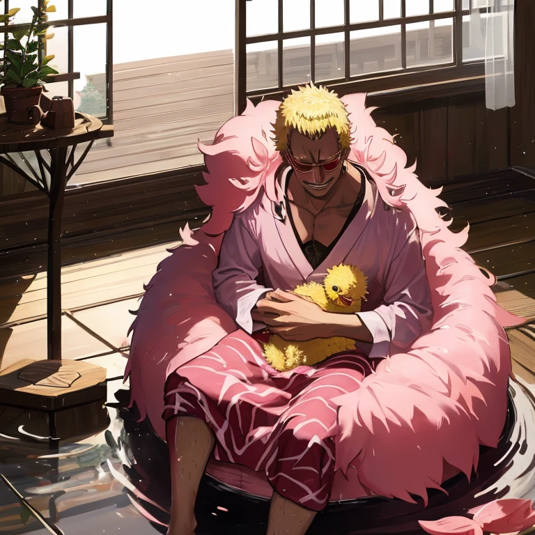 Doflamingo washing a chick in a Japanese-style room