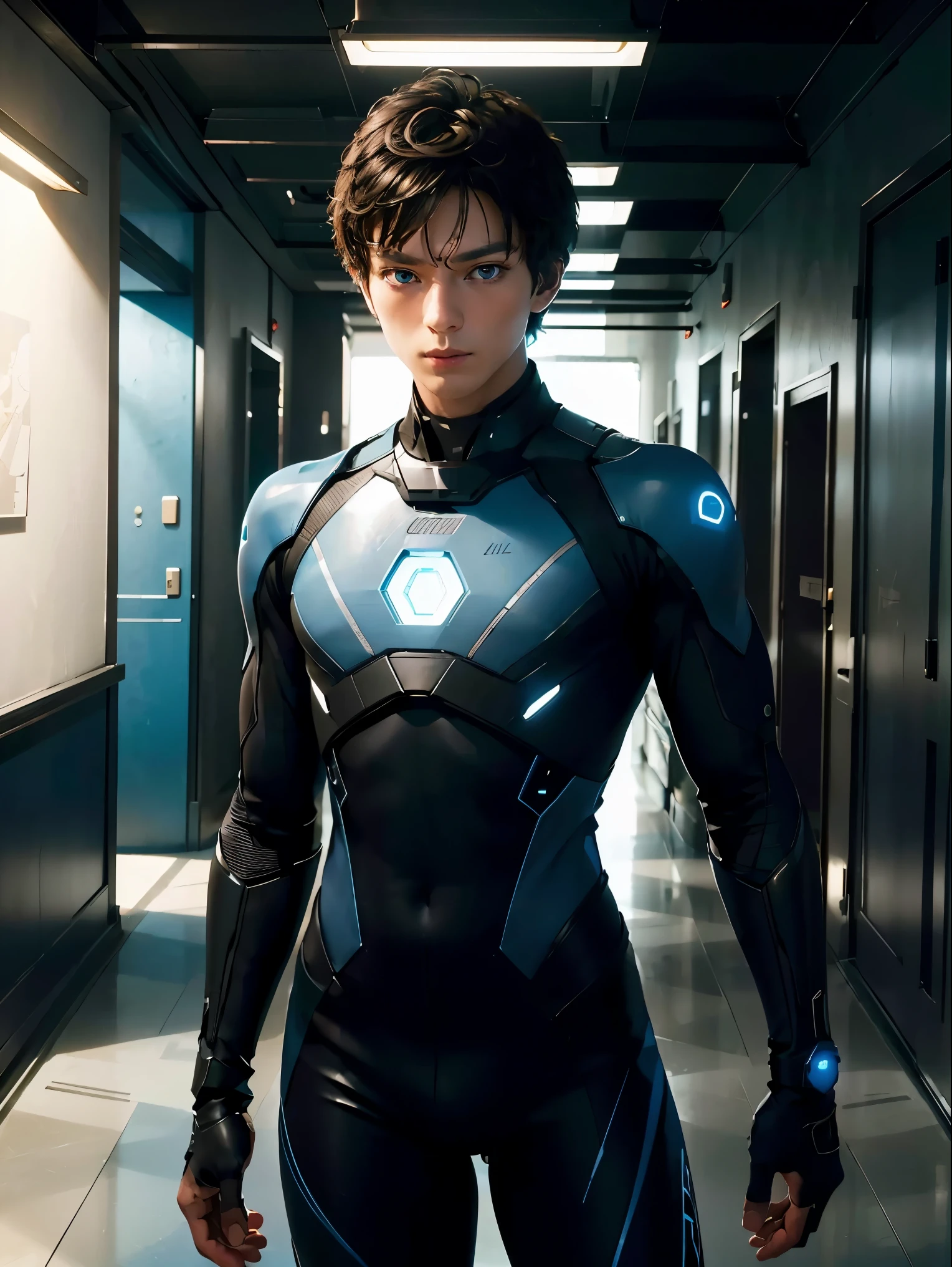 (extremely detailed CG unity 8k wallpaper,masterpiece),(best illumination, best shadow, an extremely delicate and beautiful),(1boy),blue eyes, dark hair,red and black sci-fi bodysuit,neck seal,high-tech sci-fi hallway, dynamic pose, detailed machinery, sleek design.