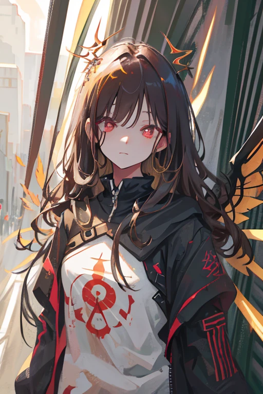 1girl, solo, cute little, Wings, the fallen angel, brunette color hair, Loose waves, red eyes, (Intricate details:1.1), (Highly detailed face and eyes:1.2), proportional body, full shot
