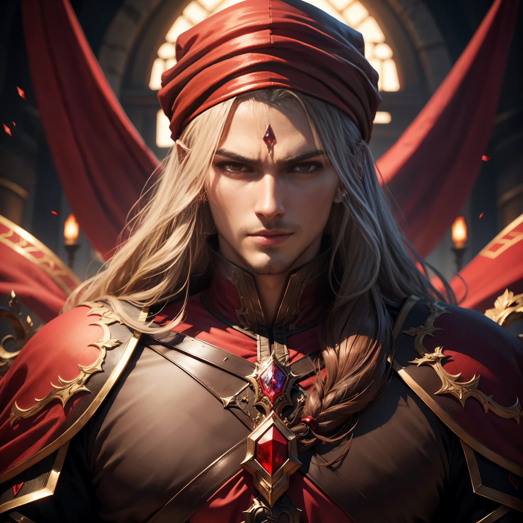 Castlevania Shadow Lord Hyper Realistic Super Detailed Very Beautiful Red Crystal Bright Eyes Super Realistic Super Detailed with Red Turban Hokuto Environment 3D Environment Deep View